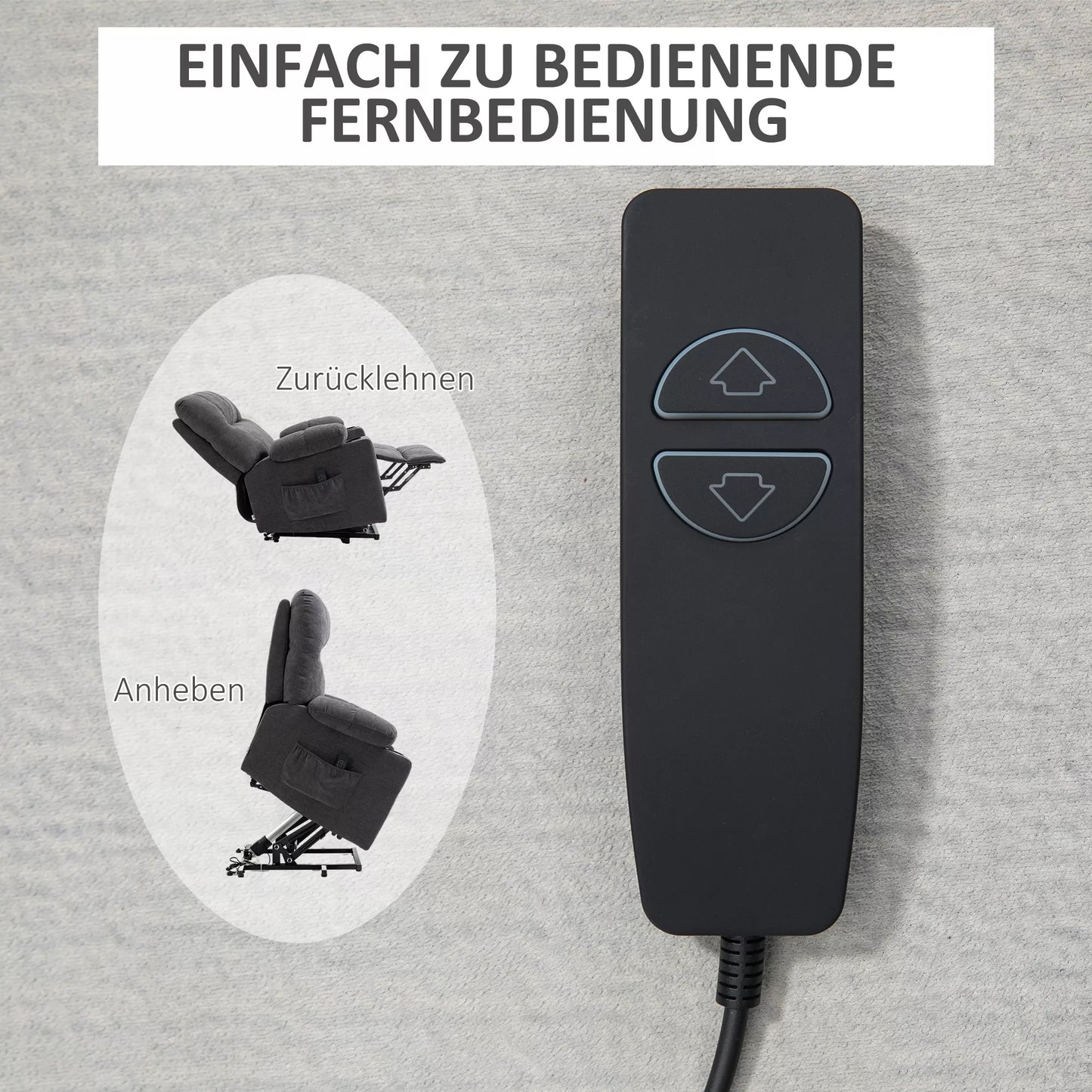 Senjorų fotelis su atsisėdimo/atsistojimo funkcija, reguliuojama atlošo padėtis, komplekte su pulteliu, 144 cm x 91 cm x 88 cm, tamsiai pilkos spalvos