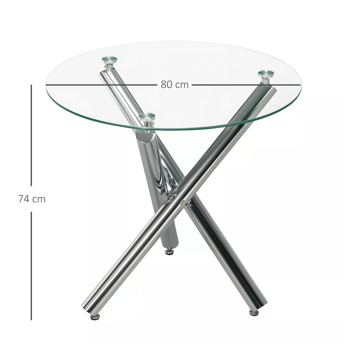 Valgomasis stalas, apvalus grūdinto stiklo stalviršis, berėmis dizainas, 2-4 asmenims, plieninės kojos, 80 x 80 x 74 cm