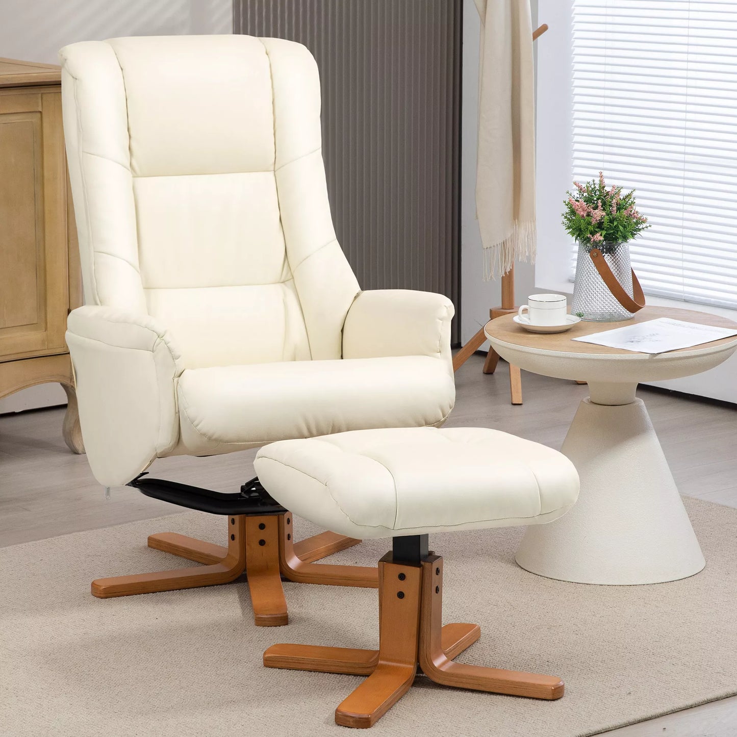 Poilsio krėslas su pakoja, atlošimo funkcija, dirbtinės odos apmušalas, iki 150 kg, 71 x 84 x 102 cm, kreminės baltumo