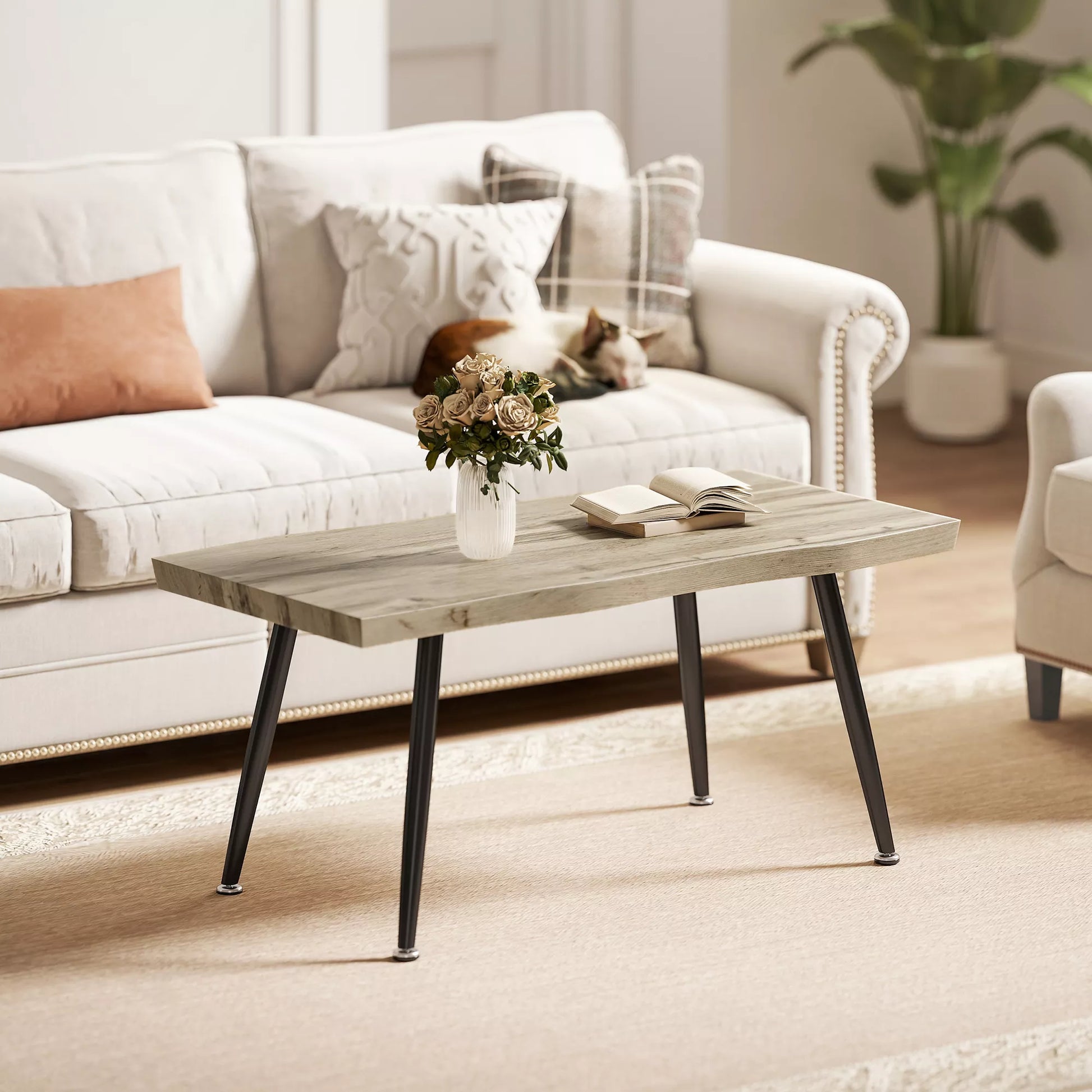 Svetainės stalas su 4 cm storio stalviršiu, kavos staliukas, plienas ir ąžuolo imitacija, 100 x 50 x 45 cm, ąžuolo ir juoda