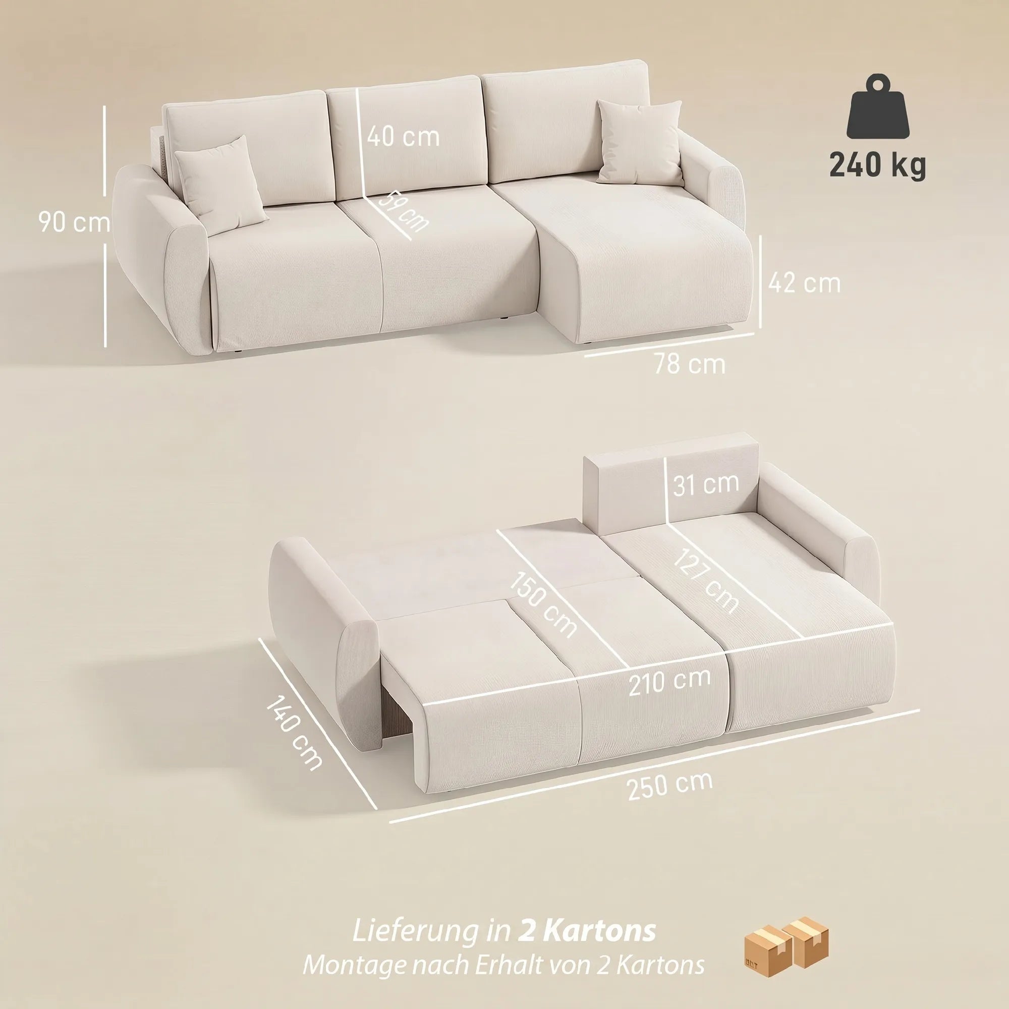 L formos sofa lova su patalynės dėže, veliūrinė, smėlio spalvos