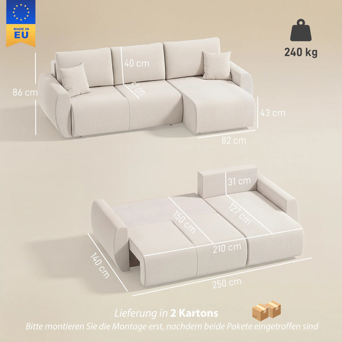 L formos sofa lova su patalynės dėže, veliūrinė, smėlio spalvos
