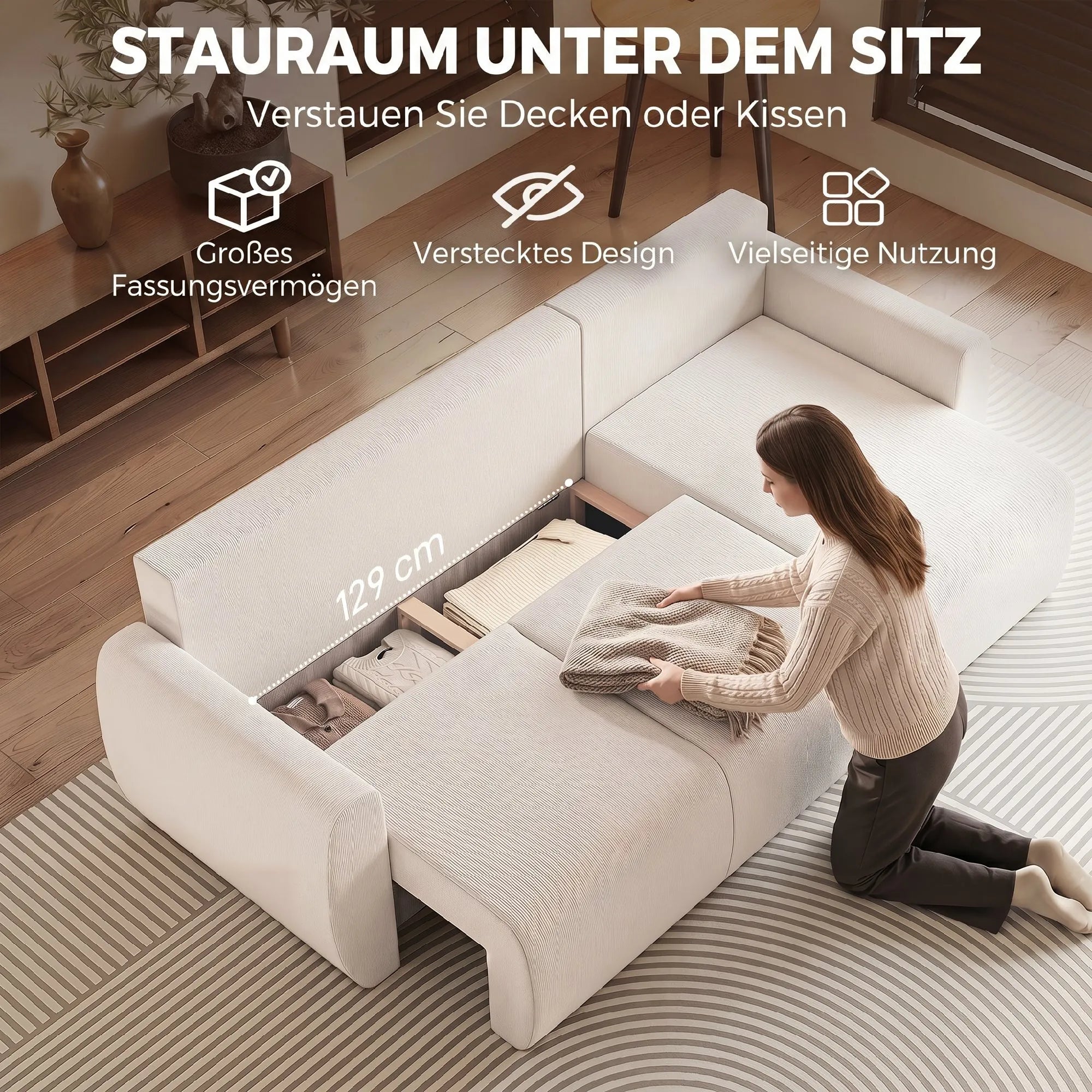 L formos sofa lova su patalynės dėže, veliūrinė, smėlio spalvos
