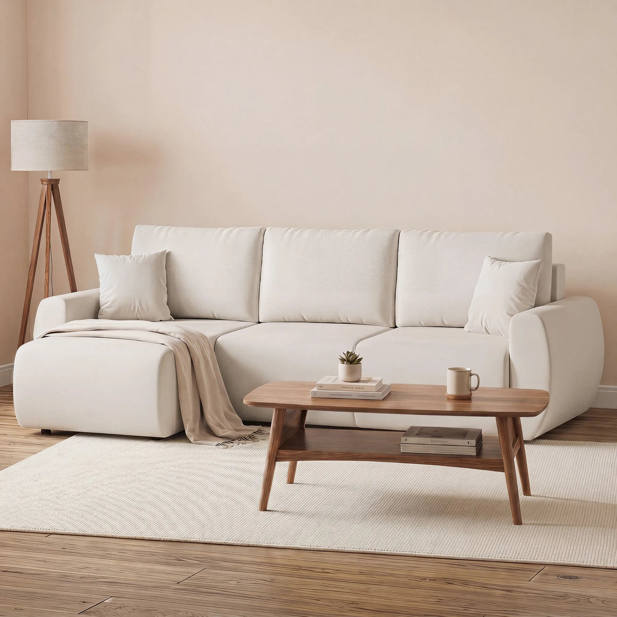 L formos sofa lova su patalynės dėže, veliūrinė, smėlio spalvos