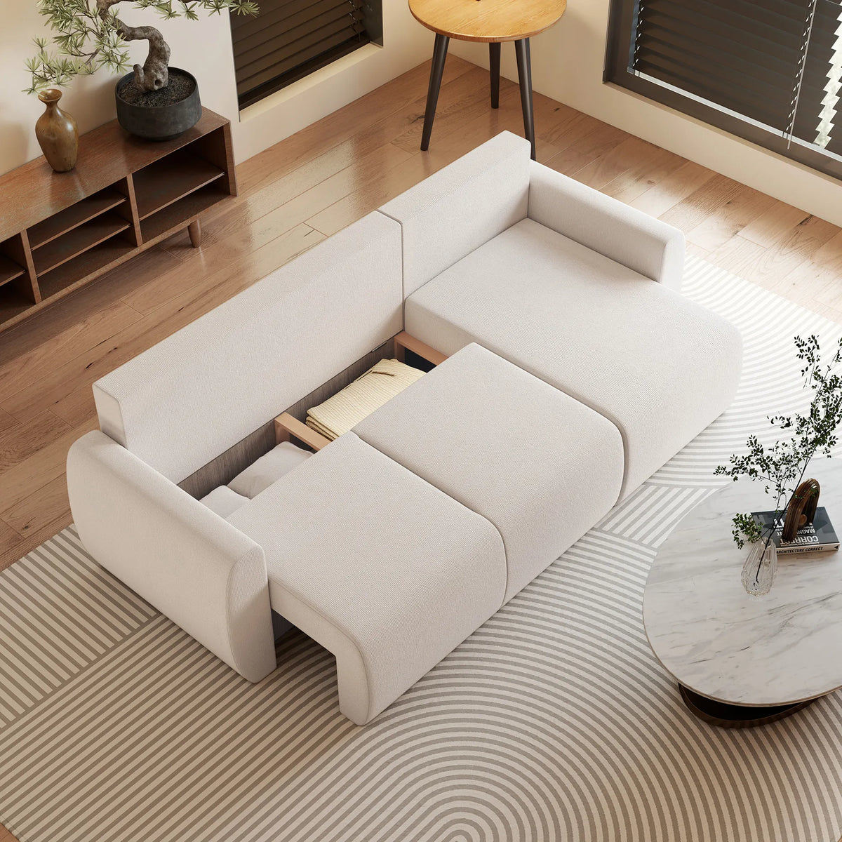L formos sofa lova su patalynės dėže, veliūrinė, smėlio spalvos