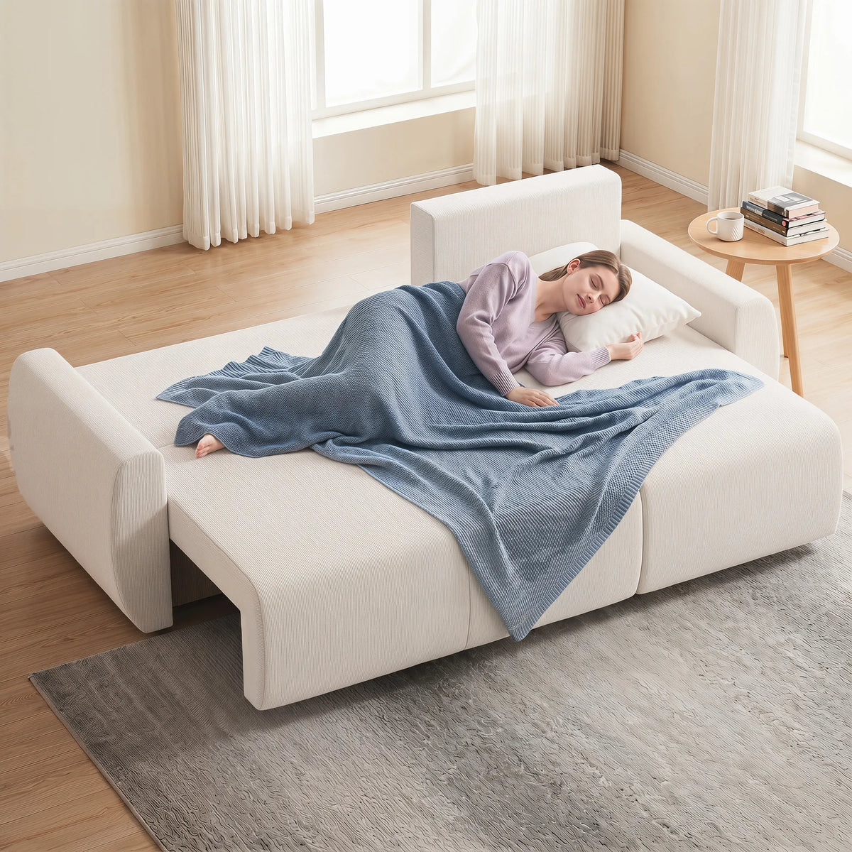 L formos sofa lova su patalynės dėže, veliūrinė, smėlio spalvos