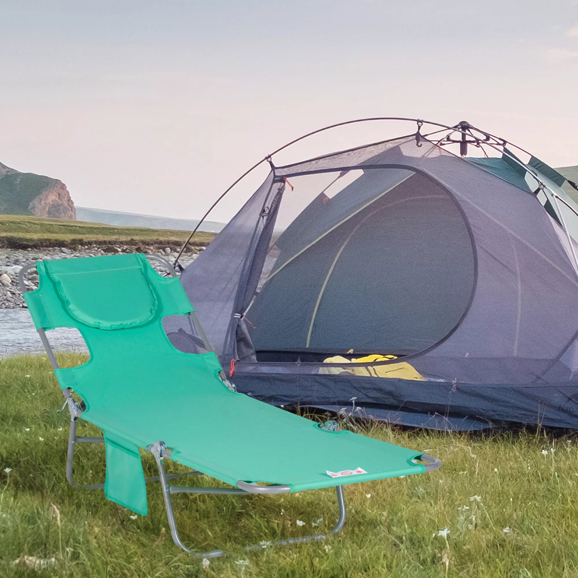 Sodo gultas, gultas su paminkštintu veido atidarymu, masažinis gultas lauke, šoninė kišenė, audinys, metalas, žalias