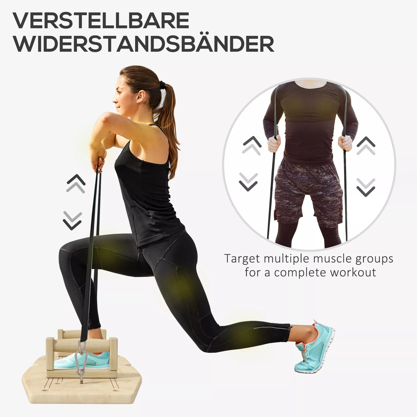 Rinkinys stovų atsispaudimams, rankenos atsispaudimams su treniruočių lenta ir pasipriešinimo juostomis, medinis