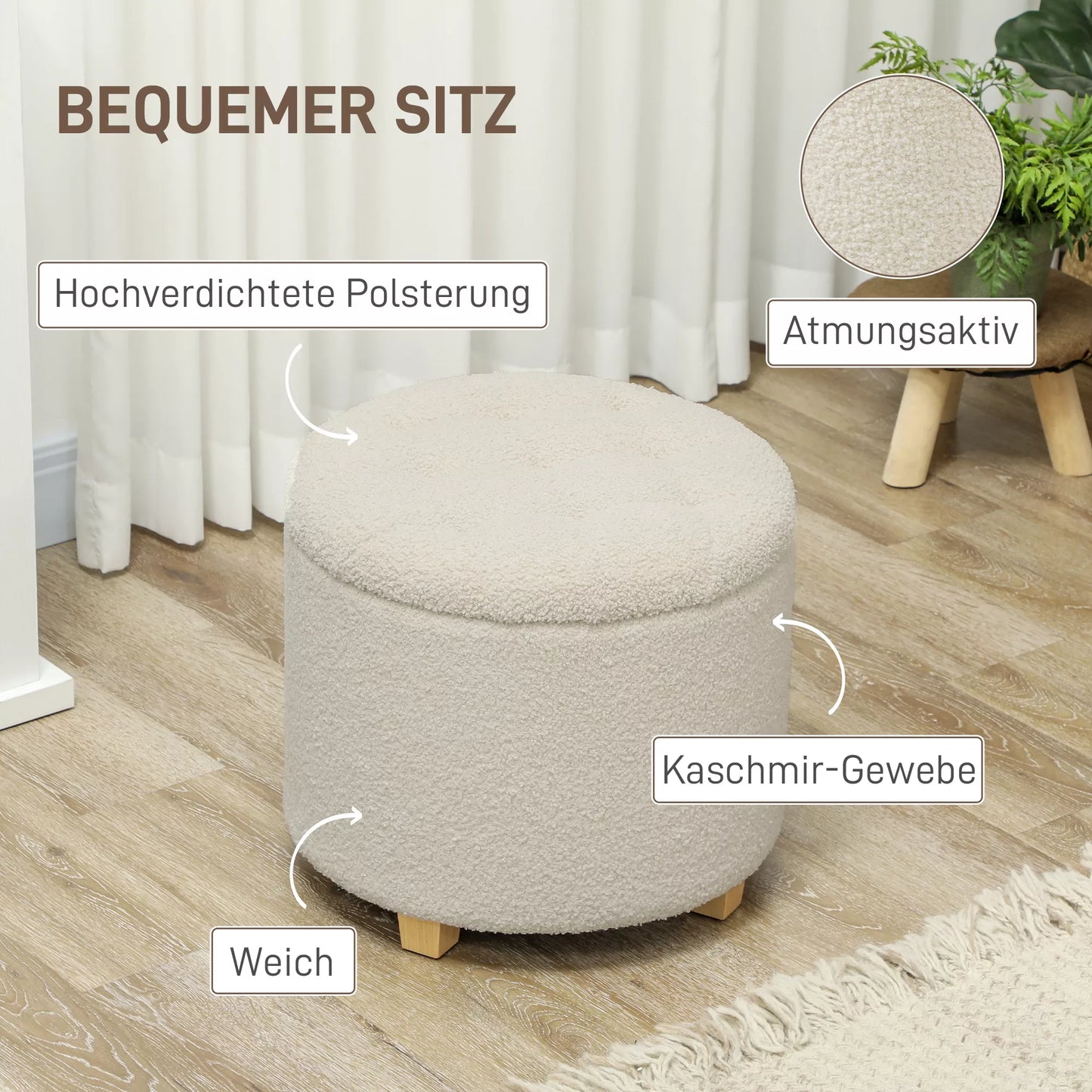 Apvalus taburetė su saugojimo vieta, dangčiu ir medinėmis kojomis, pufas svetainėms, prieškambariams, miegamiesiems, kreminės baltos spalvos