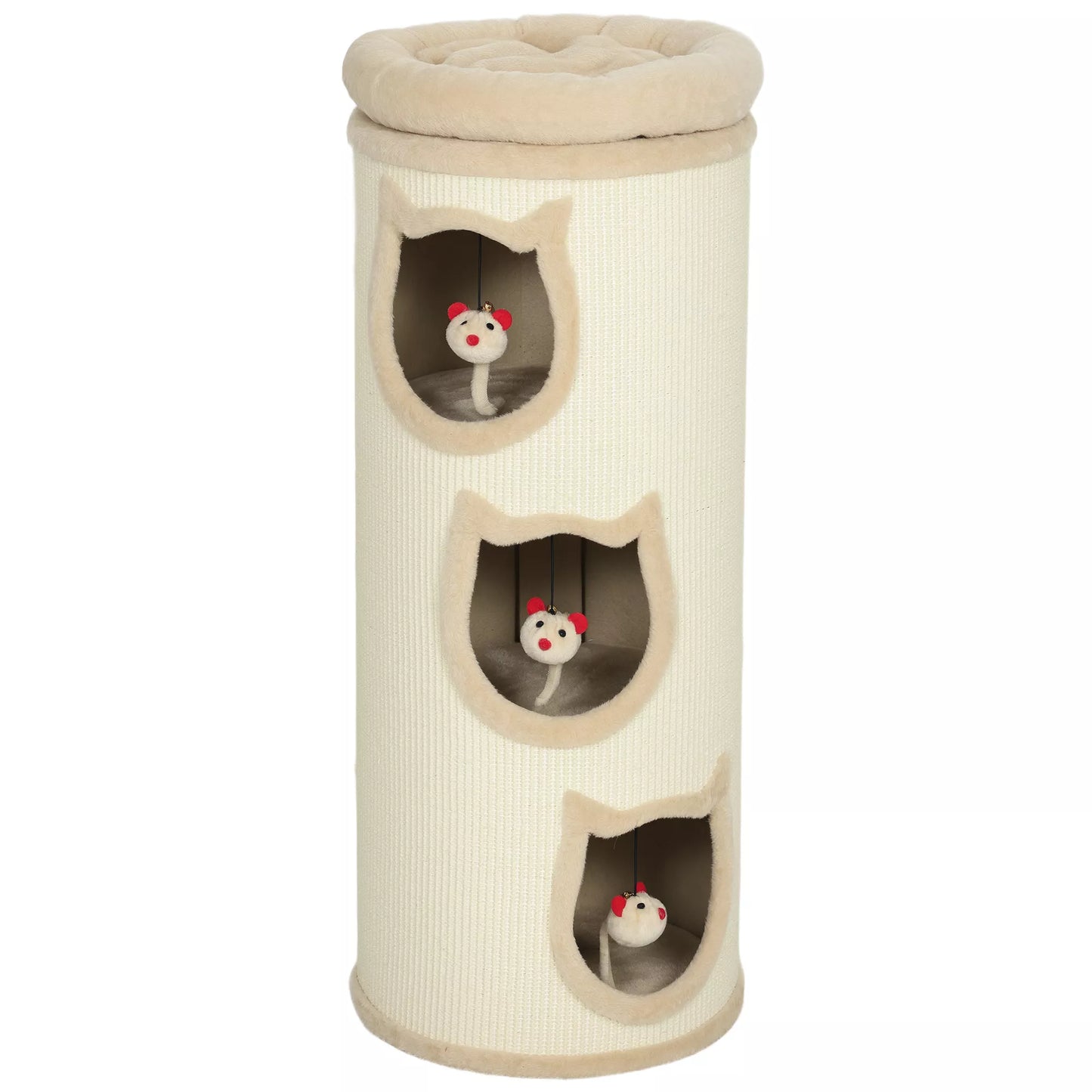 Katilinės draskyklė, 96 cm, 4 lygių katės bokštas su skalbiamu guoliu, 3 miegamosios olos, kabantys žaislai, daugeliui kačių, pilka