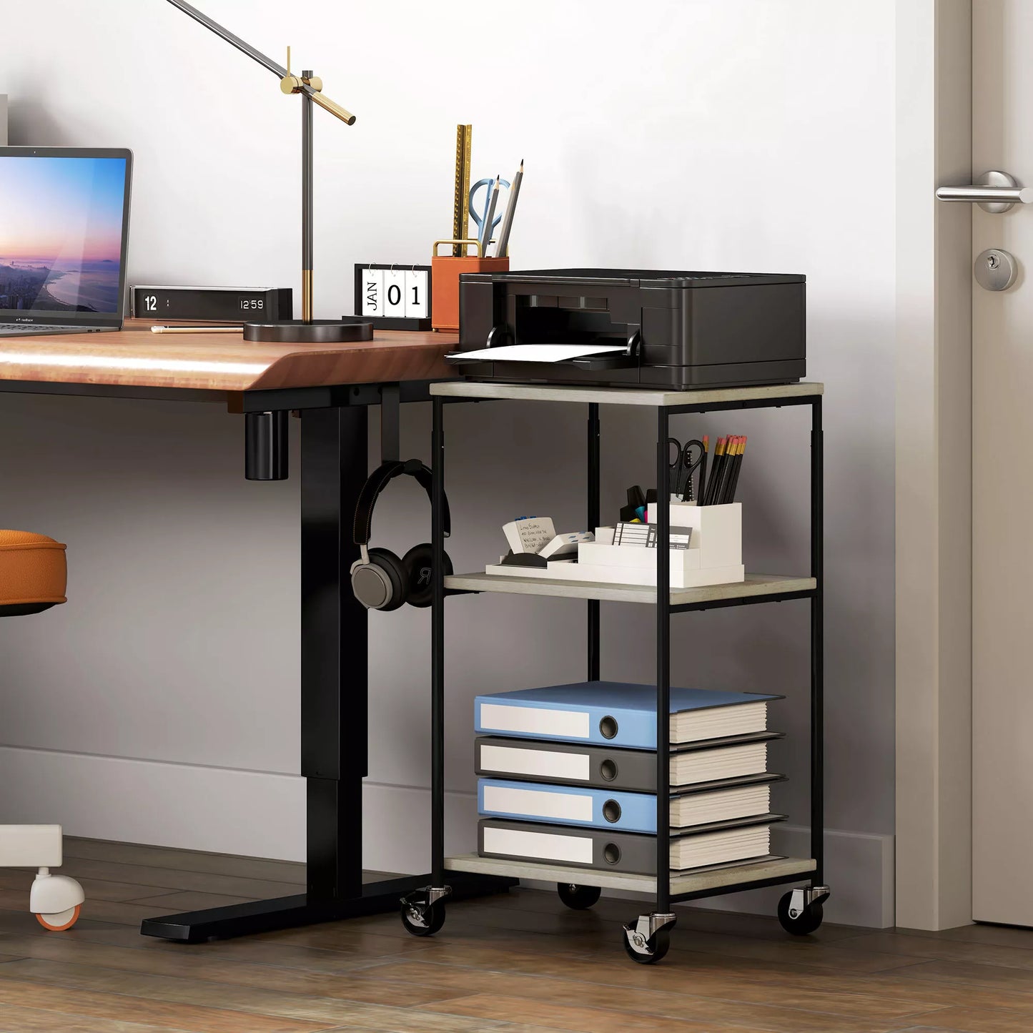 Spausdintuvo stovas su 3 lentynomis, reguliuojamo aukščio, mobilus spausdintuvo vežimėlis su ratukais, namų biurui, metalo ir medžio