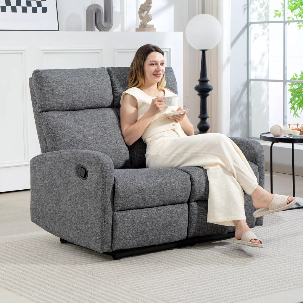 2 vietų sofa, individualiai reguliuojamos atlošos, kojų atrama, audinio apmušalas, plienas, pilka