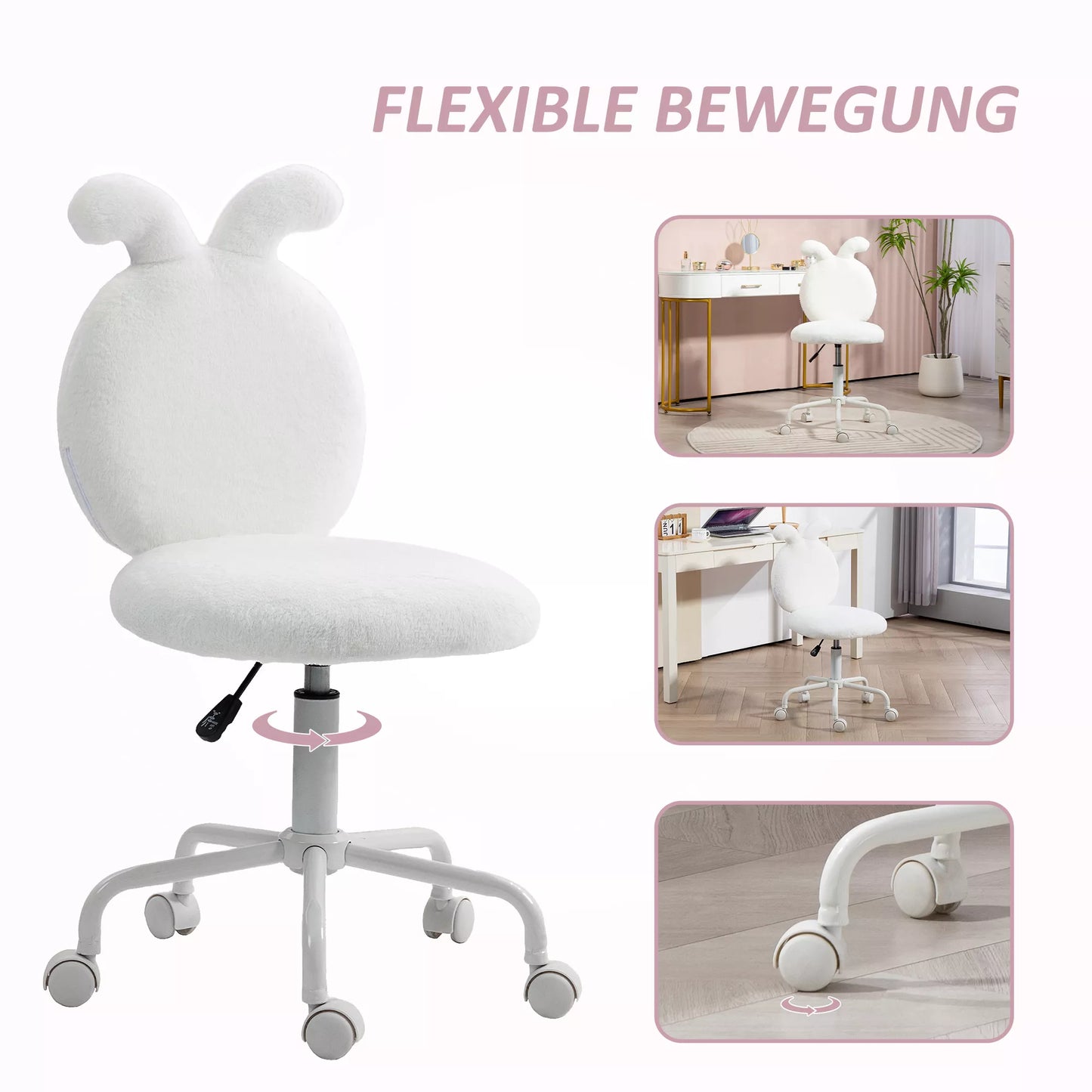 Minkšta kėdė su zuikio ausimis, ratukais, pasukama, dirbtinio kailio, balta