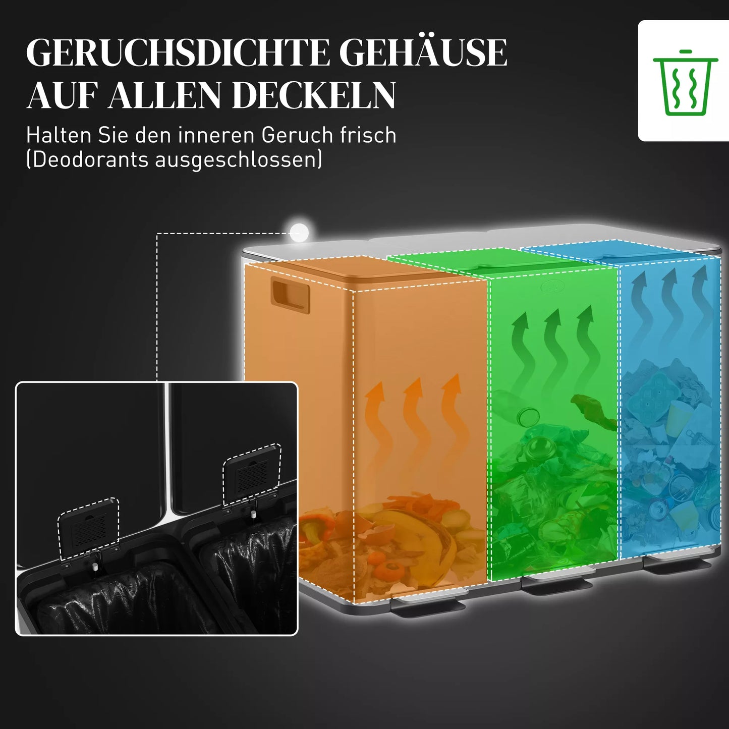 Šiukšliadėžė su 3 x 20 L skyriais, su kvapų neutralizavimo dangčiu, atspari pirštų atspaudams, su švelniu uždarymu, išimama, sidabrinė