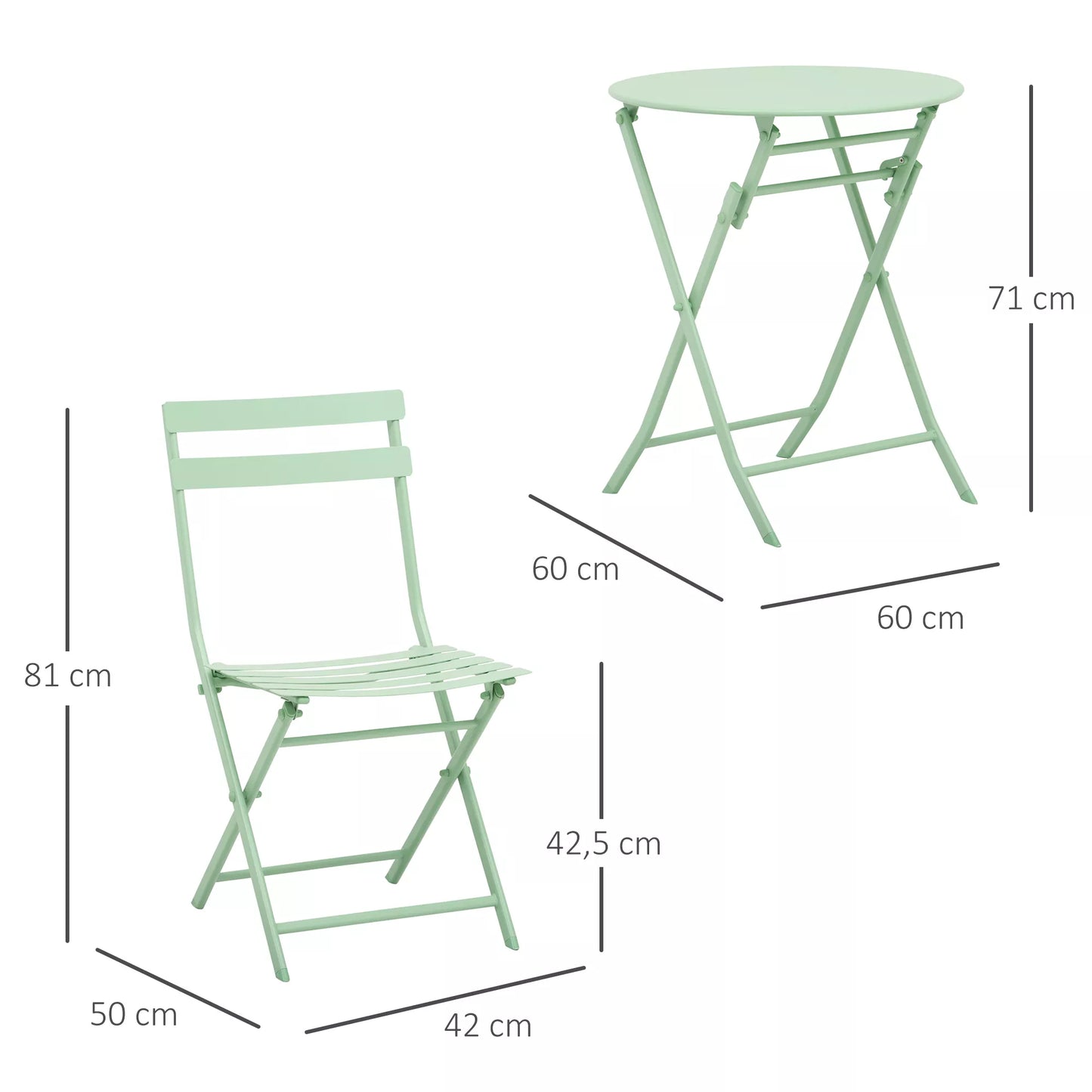 Sodo komplektas 2 asmenims, balkono baldų komplektas, bistropėdės stalas su 2 sulankstomomis kėdėmis, žalias