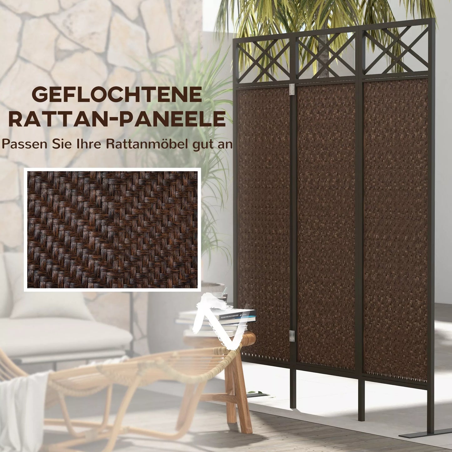 Pertvara paravanas, vintažinio dizaino, 3 dalių, 148 cm x 33 cm x 181 cm, Ruda + Juoda