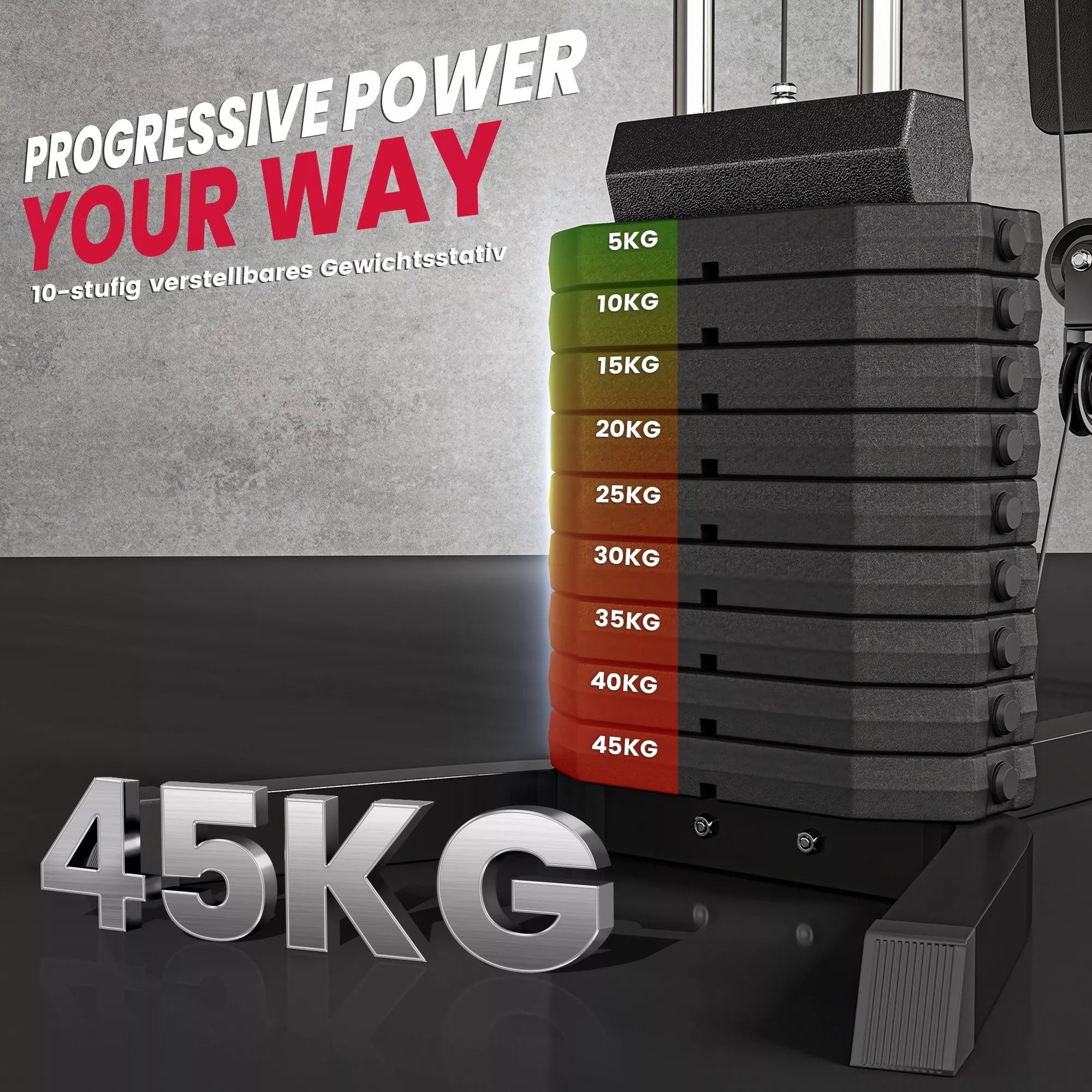 Jėgos treniruoklis su 45 kg svorio bloku, 180 x 108 x 200 cm, plieninis, juodos spalvos