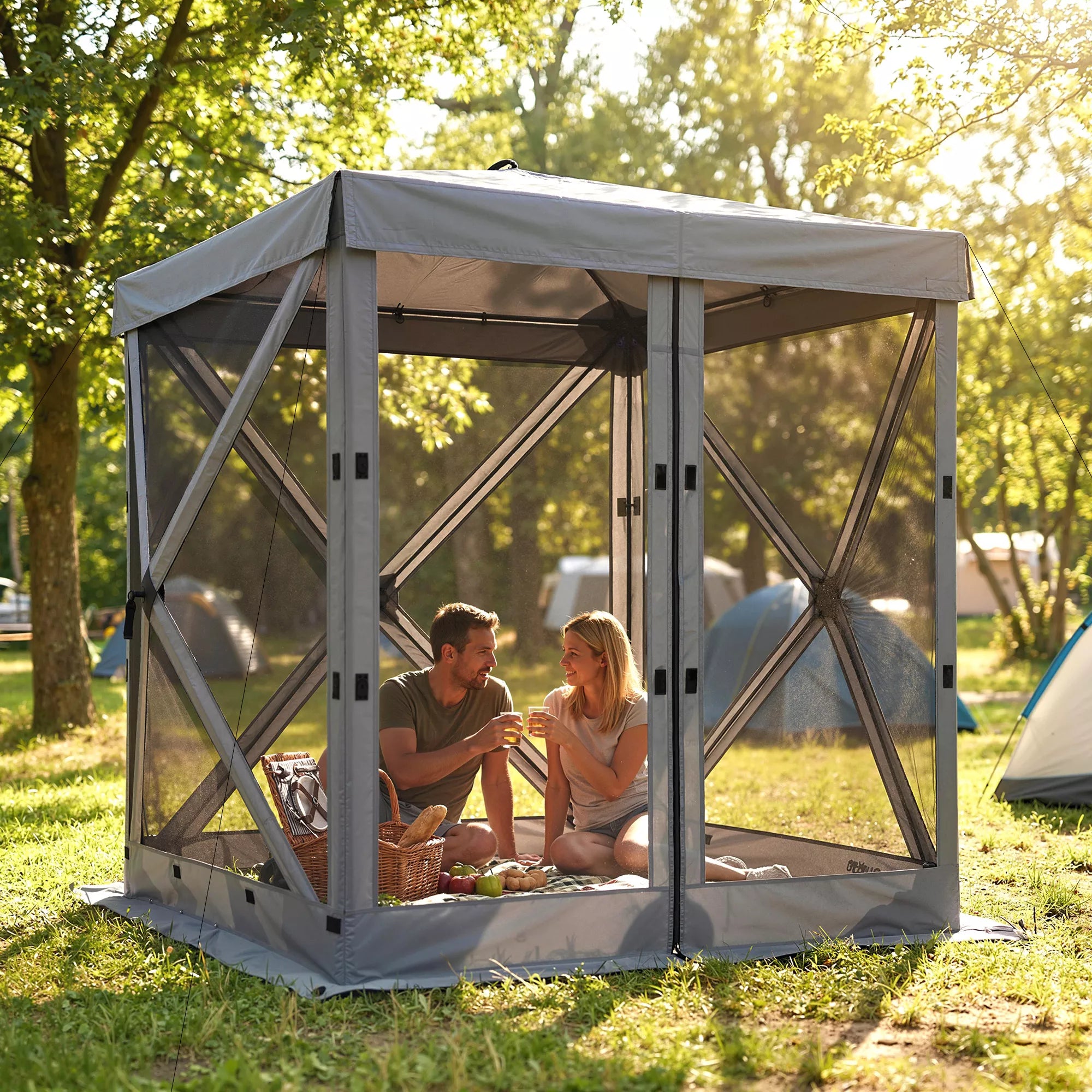 Pavilionas 1,85 x 1,85 m, atsparus vandeniui, tvirtas, atsparus žiemai, išskleidžiamas sulankstomas paviljonas su 4 tinklinėmis šoninėmis sienelėmis, maišeliu, UV 30+
