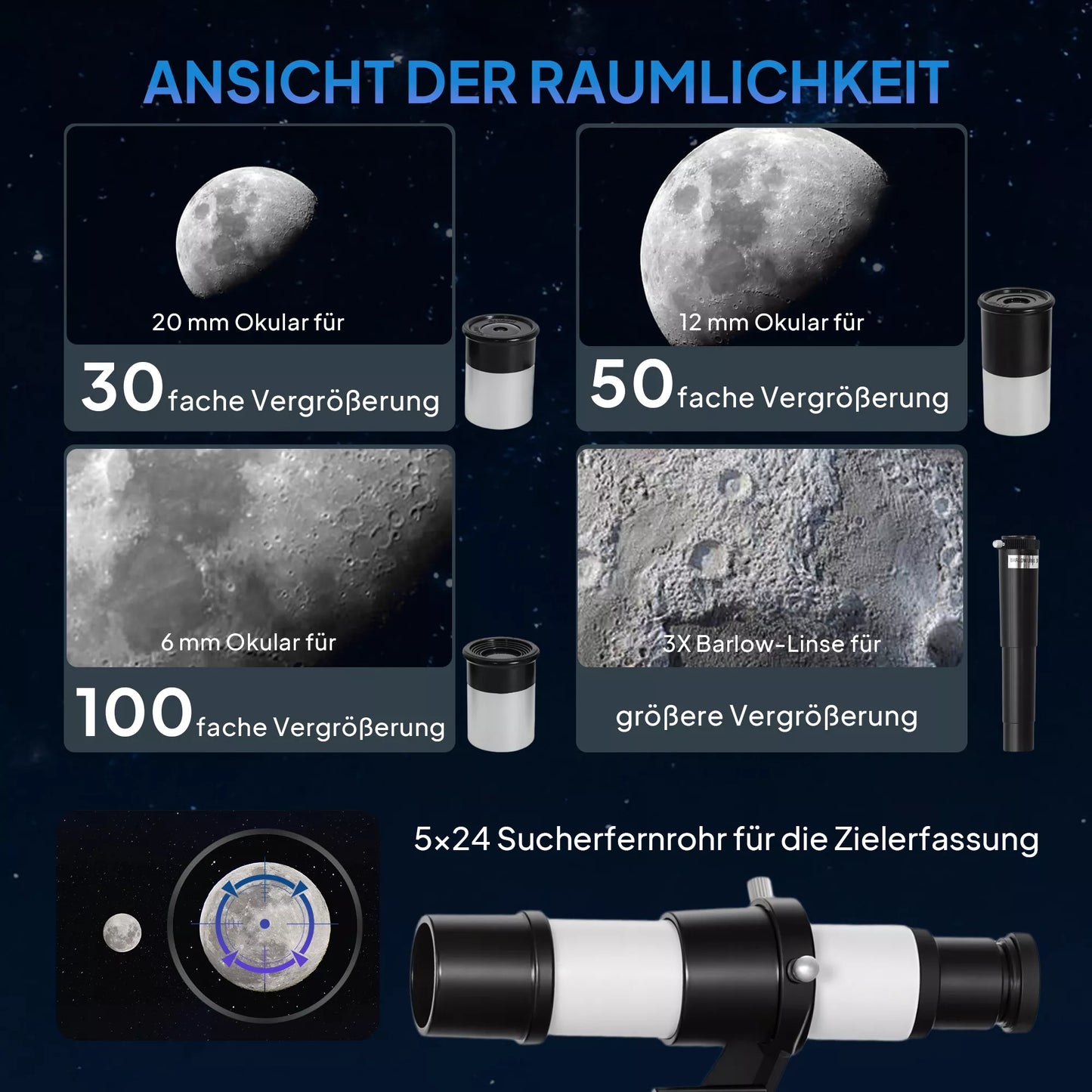 Teleskopas, 70 mm objektyvas, 5x24 didinimas, reguliuojamas stovas, sidabrinės spalvos