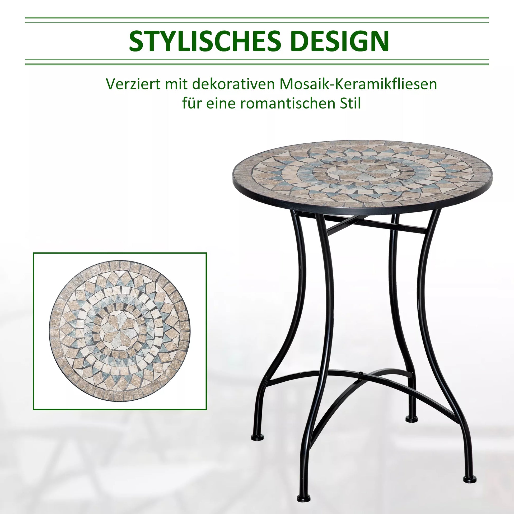 Sodo stalas mozaikinis apvalus bistro stalas papildomas stalas su mozaikine plokšte keramika metalas žalias+smėlio+baltas Ø60 cm