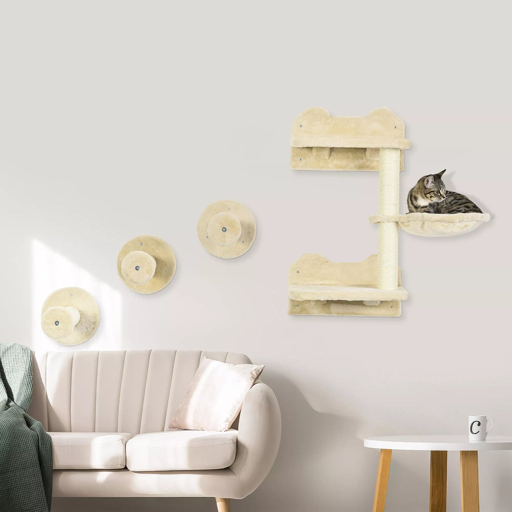 Laipiojimo laipteliai, laipiojimo siena, kačių laiptai, 4 dalių rinkinys, su nagų galandimo medžiu, hamaku, smėlio spalvos + kreminės baltos spalvos, 40 x 28 x 73 cm