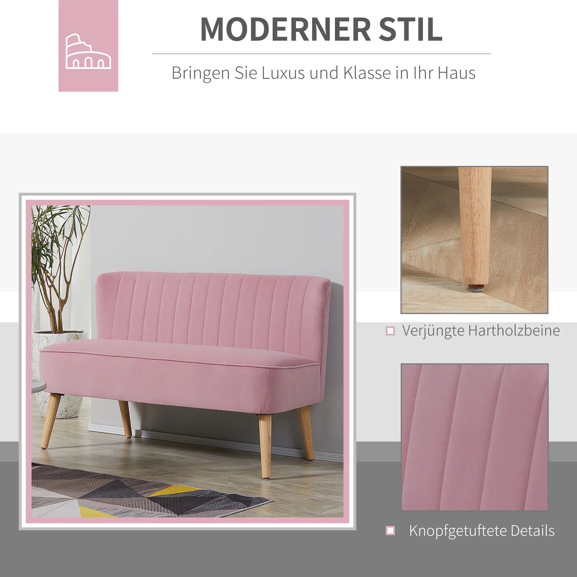 2 vietų audinio sofa, minkšta sofa, dvivietė sofa, sėdėjimo baldas, poilsio sofa, mediena, rausvo aksomo tipo poliesteris, putplastis, rožinė, 117 x 56,5 x 77 cm