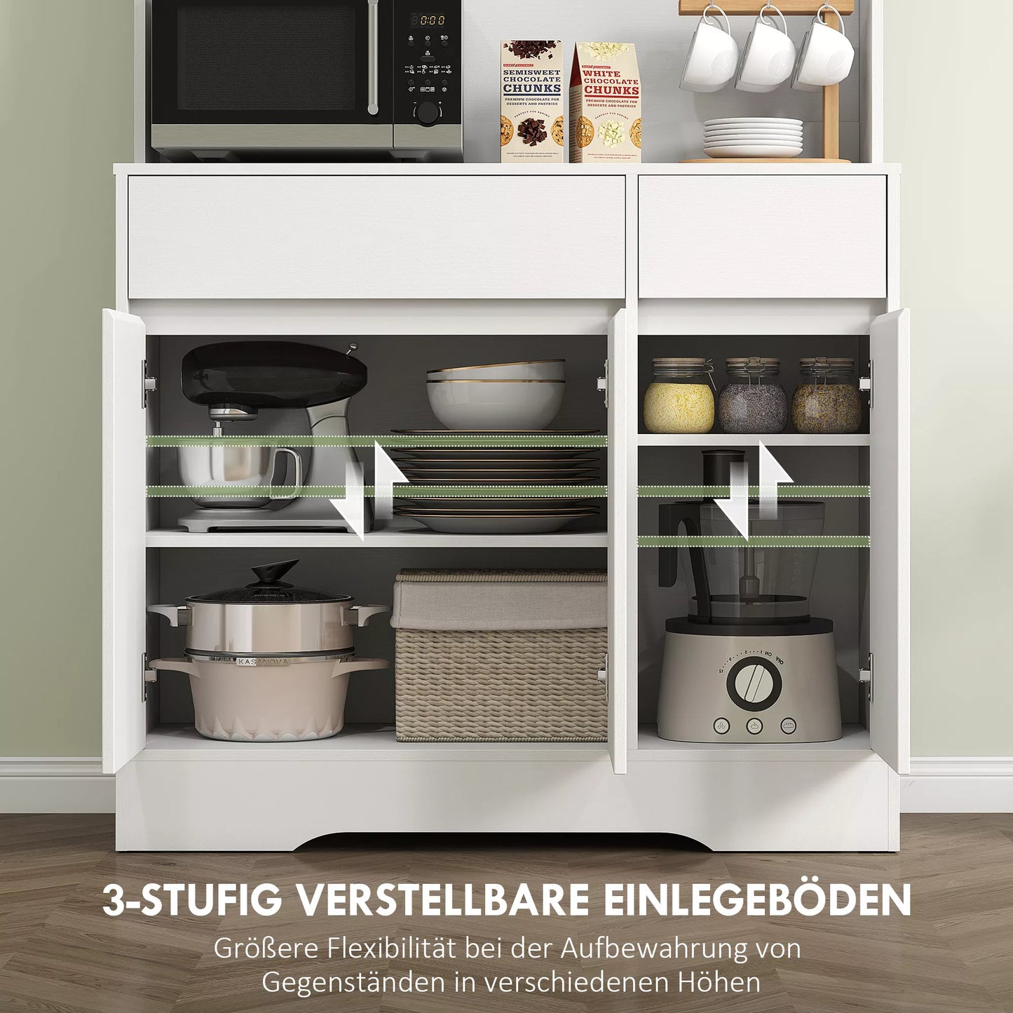 Virtuvinė spintelė su atvira darbo zona, 6 durelėmis, 2 stalčiais, reguliuojamomis lentynomis, kabelių angomis, medžio drožlių plokštė, balta.