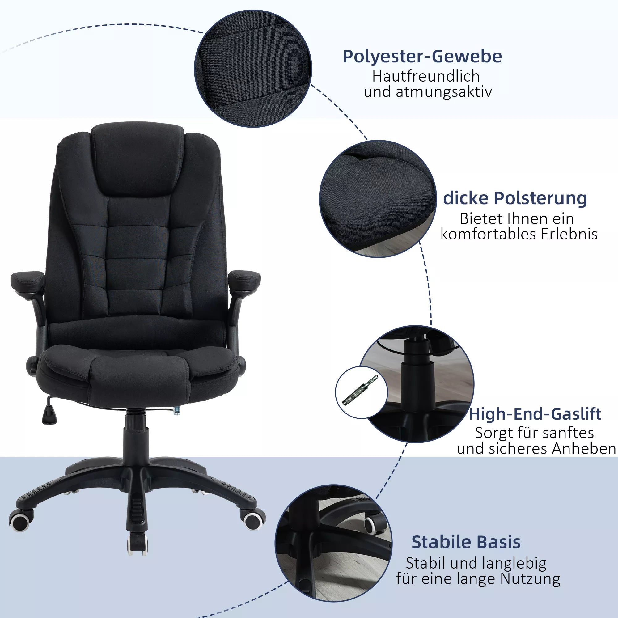 Biuro kėdė, kompiuterio kėdė, atlošiama poilsiui, aukščio reguliavimo rašomojo stalo kėdė, ergonomiška, 360°, putplastis, plastikas, lininis poliesteris, juoda, 65 x 72 x 100-120 cm