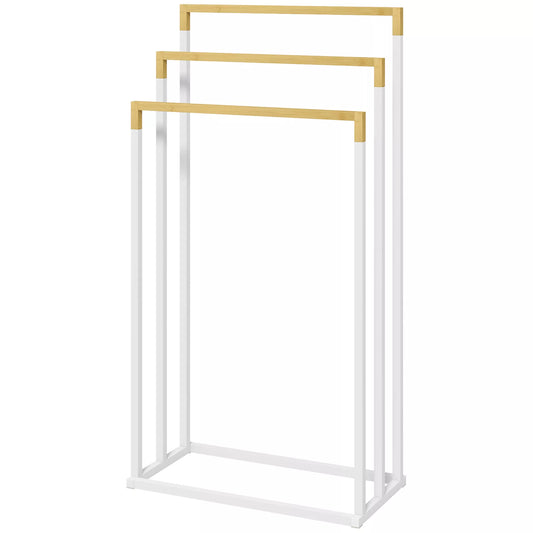 Rankšluosčių laikiklių rinkinys, 3 rankšluosčių strypai, pramoninio dizaino, bambukas, 45 x 22,5 x 86 cm, balta + natūrali