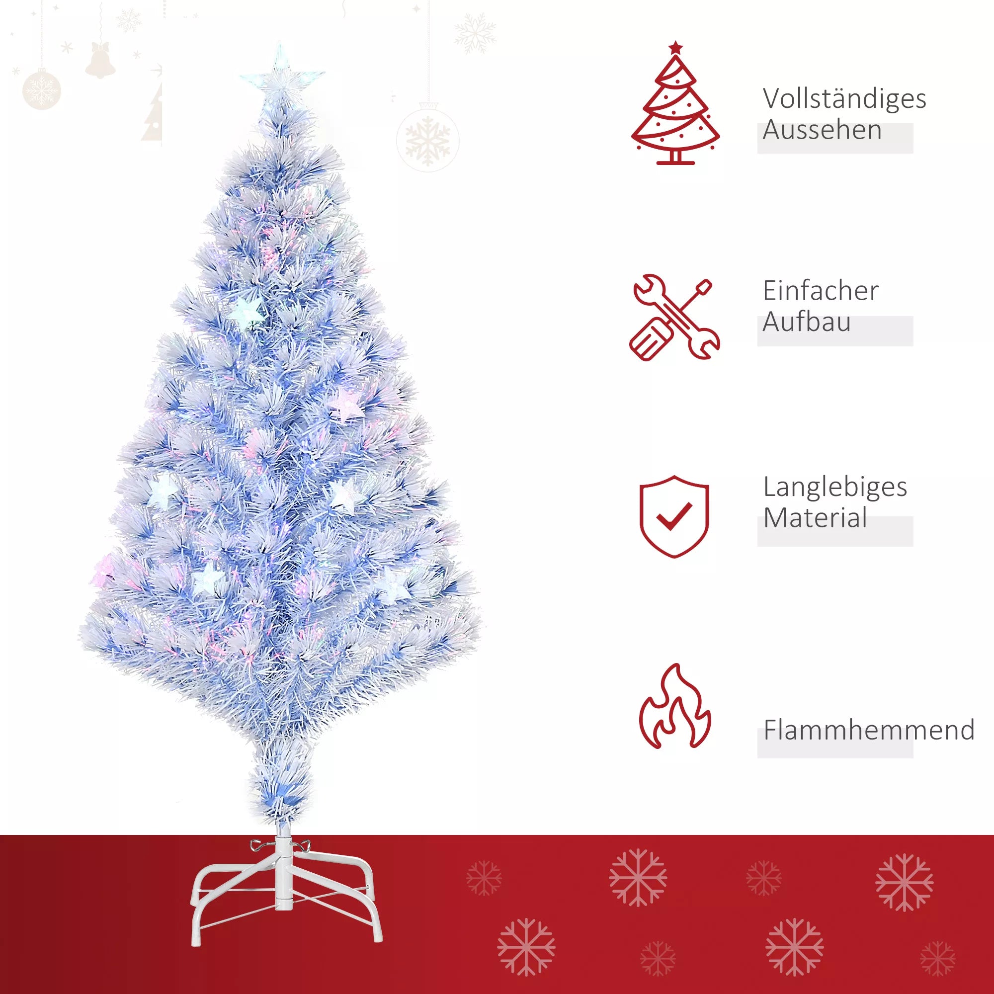 Dirbtinė Kalėdų eglė 120 cm Kalėdinė eglutė dirbtinė su stiklo pluoštu ir LED apšvietimu, 130 galiukų eglė su plieniniu stovu viduje Balta+Mėlyna