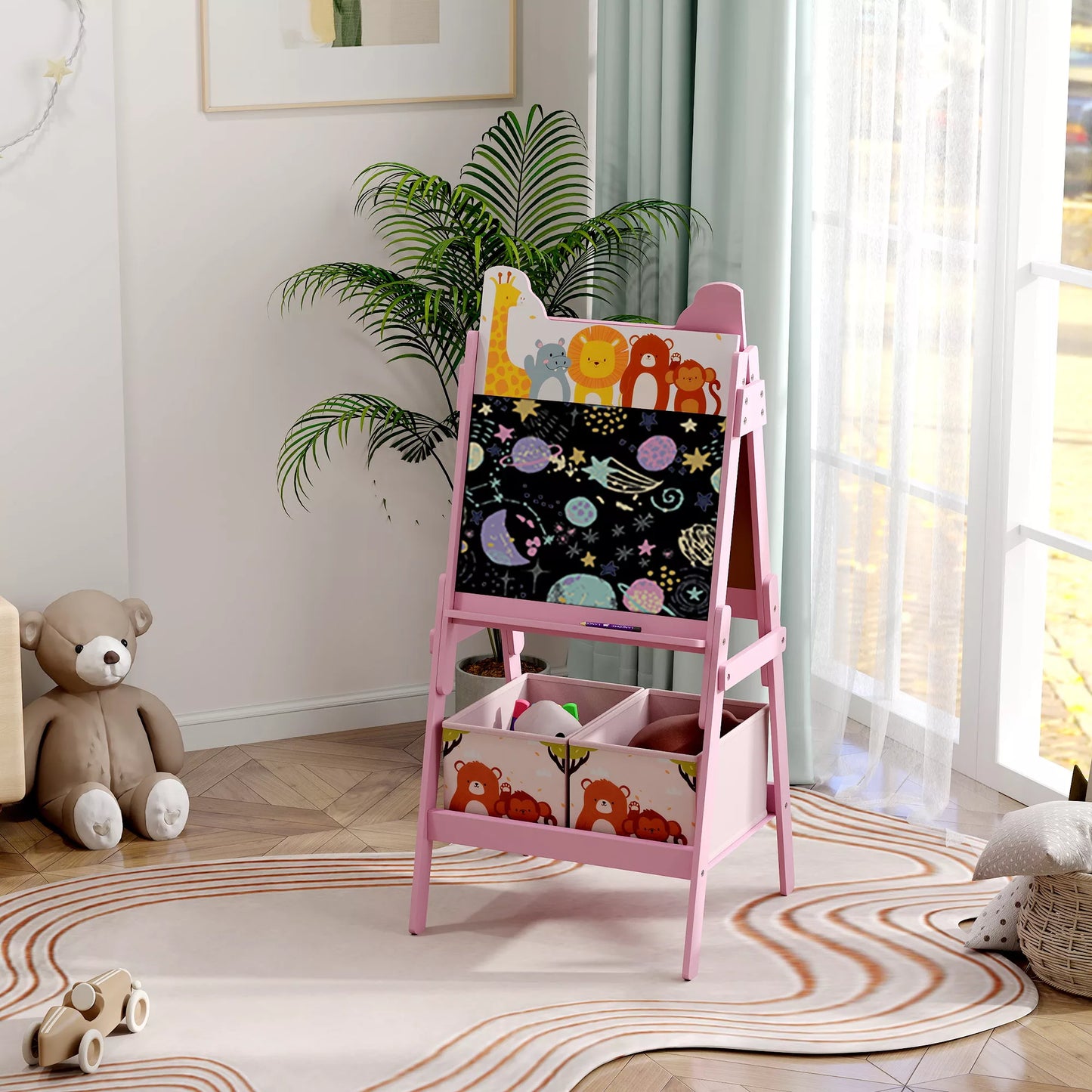 2-in-1 vaikiška dailės lenta su baltąja lenta, kreidine lenta, laikymo dėžėmis, 3-8 metų vaikams, rožinė