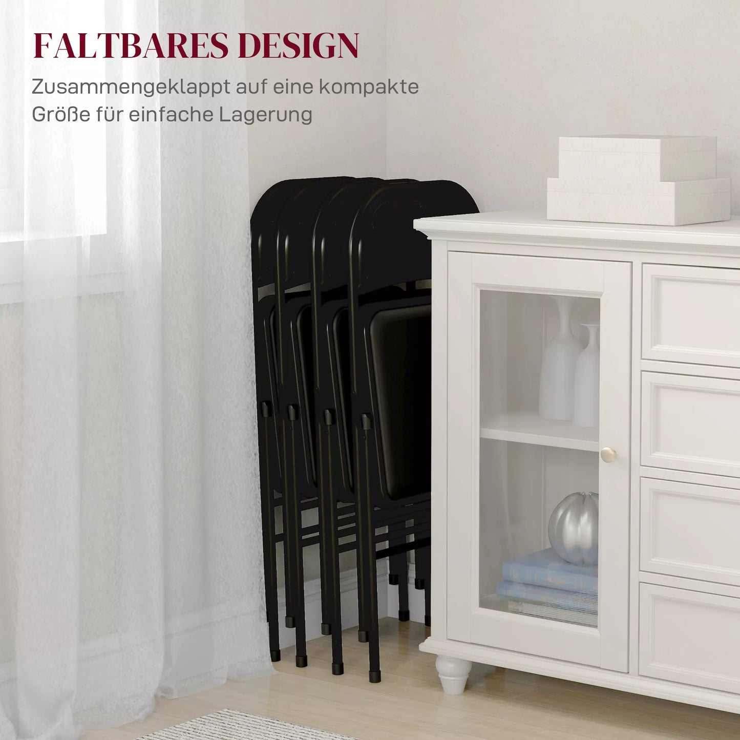 4 vnt. sulankstomų kėdžių komplektas, Nešiojamos biuro kėdės, Metalinės kojelės, Sulankstoma kėdė biurui, priėmimui, laukiamajam, Dirbtinė oda, Juoda