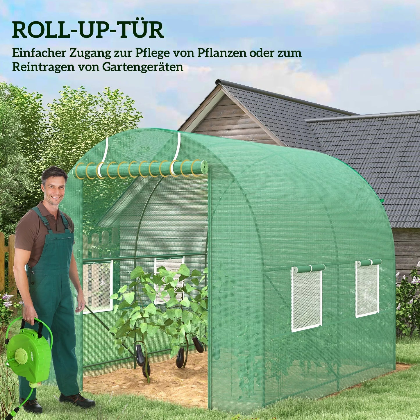 Šiltnamis 245x200x198cm Plėvelinis šiltnamis Pomidorų namelis su durimis, 4 langais, plėvelinis tunelis iš cinkuoto plieno, PE, tvirtas šiltnamis augalų tunelis, įsk. žemės inkarus ir virves, žalias