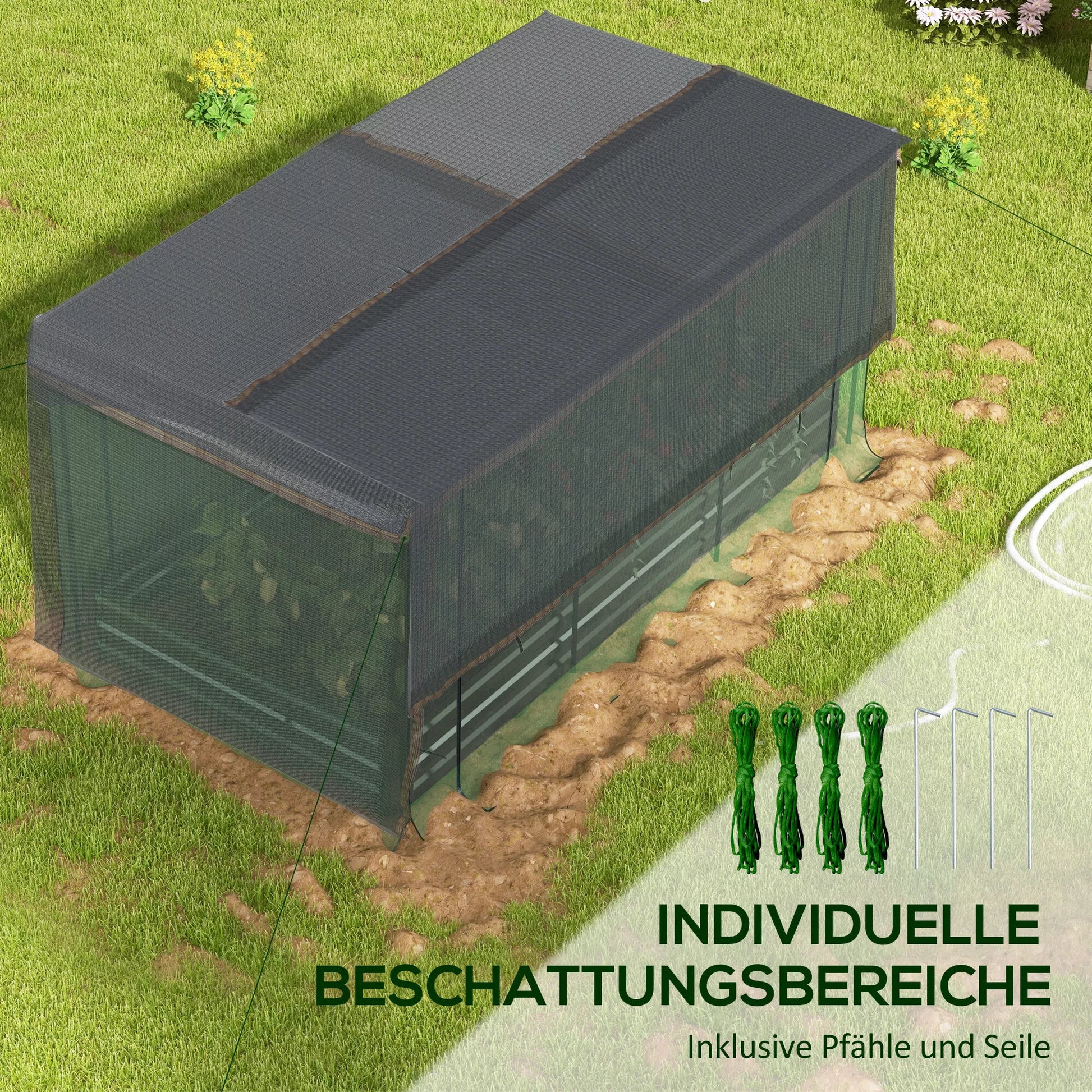Aukštas lysvė su paukščių apsaugos tinklu ir apsauga nuo saulės, metalinis korpusas, 230x110x110 cm, pilka/žalia/juoda