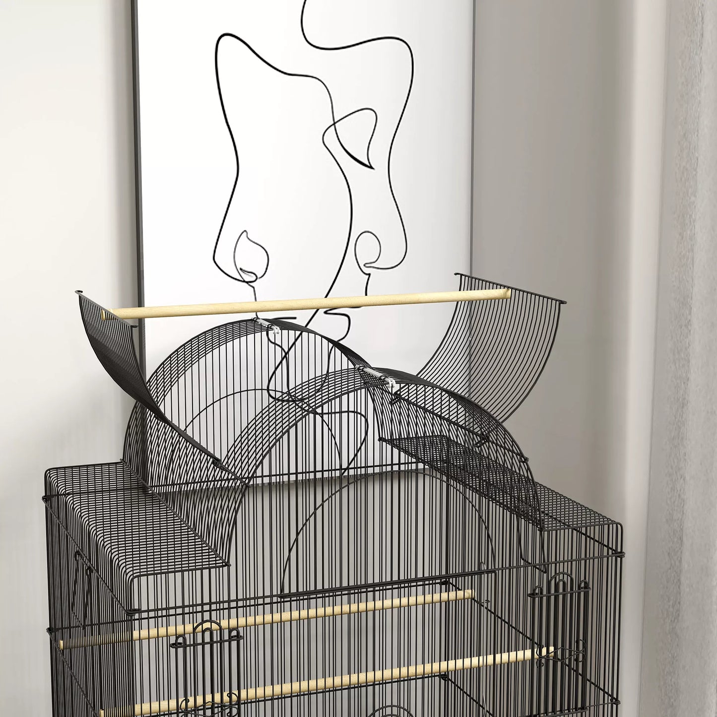Mobilus paukščių narvas kanarėlėms ir banguotiesiems papūgėlėms, su dugno skyriumi, metaliniu tinkleliu, juodas