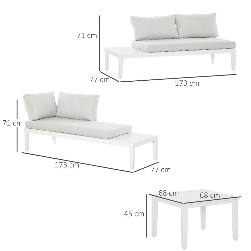 Lauko baldų komplektas 3 asmenims su šoniniu staliuku, L formos sofa su pagalvėlėmis, aliuminio, kreminės baltos spalvos