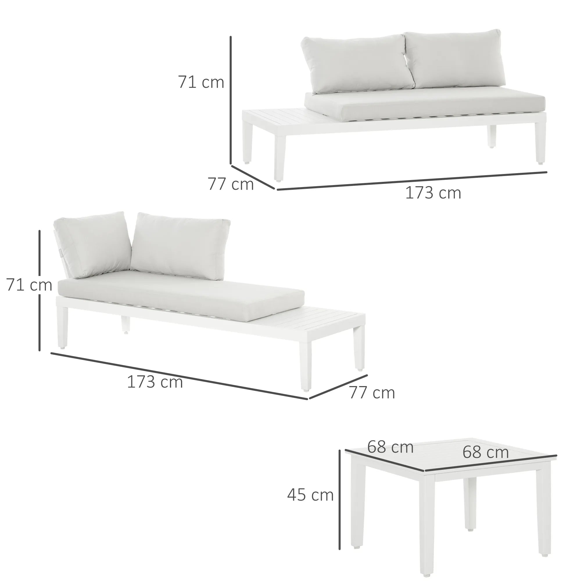 Lauko baldų komplektas 3 asmenims su šoniniu staliuku, L formos sofa su pagalvėlėmis, aliuminio, kreminės baltos spalvos
