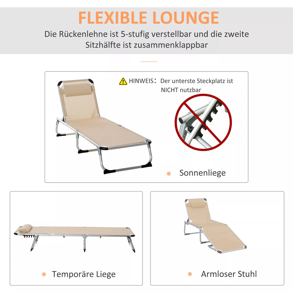 Sulankstomas gultas su pagalve, ergonomiškas gultas su 4 pakopų reguliuojamu atlošu, aliuminis, atlaiko iki 120 kg svorį, skirtas sodui, terasai, baseinui, paplūdimiui, smėlio spalvos.