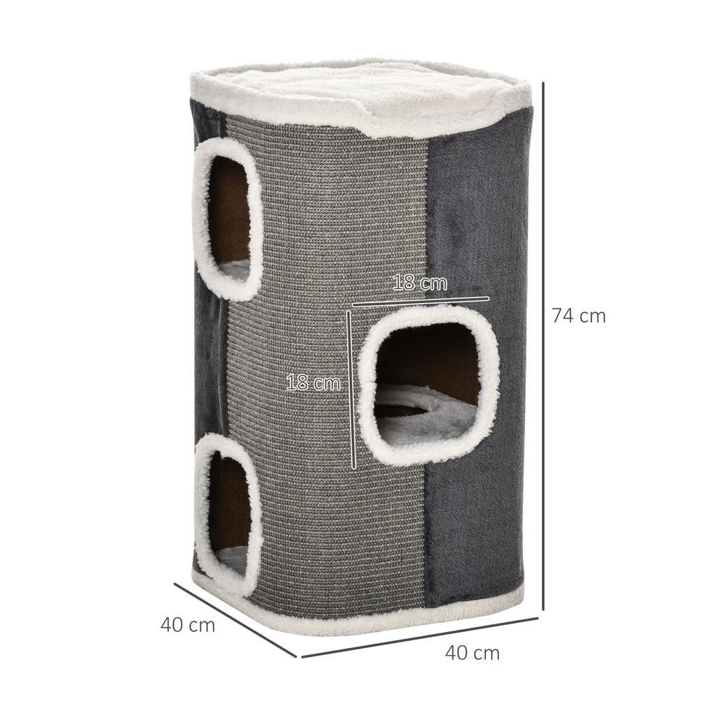 Kratztonne für Katzen Katzenkratzbaum 3 Ebenen Katzenbaum Kletterbaum für Katzen Katzenmöbel Spanplatte samtartem Polyester Sisal Grau+Weiß 40 x 40 x 74 cm