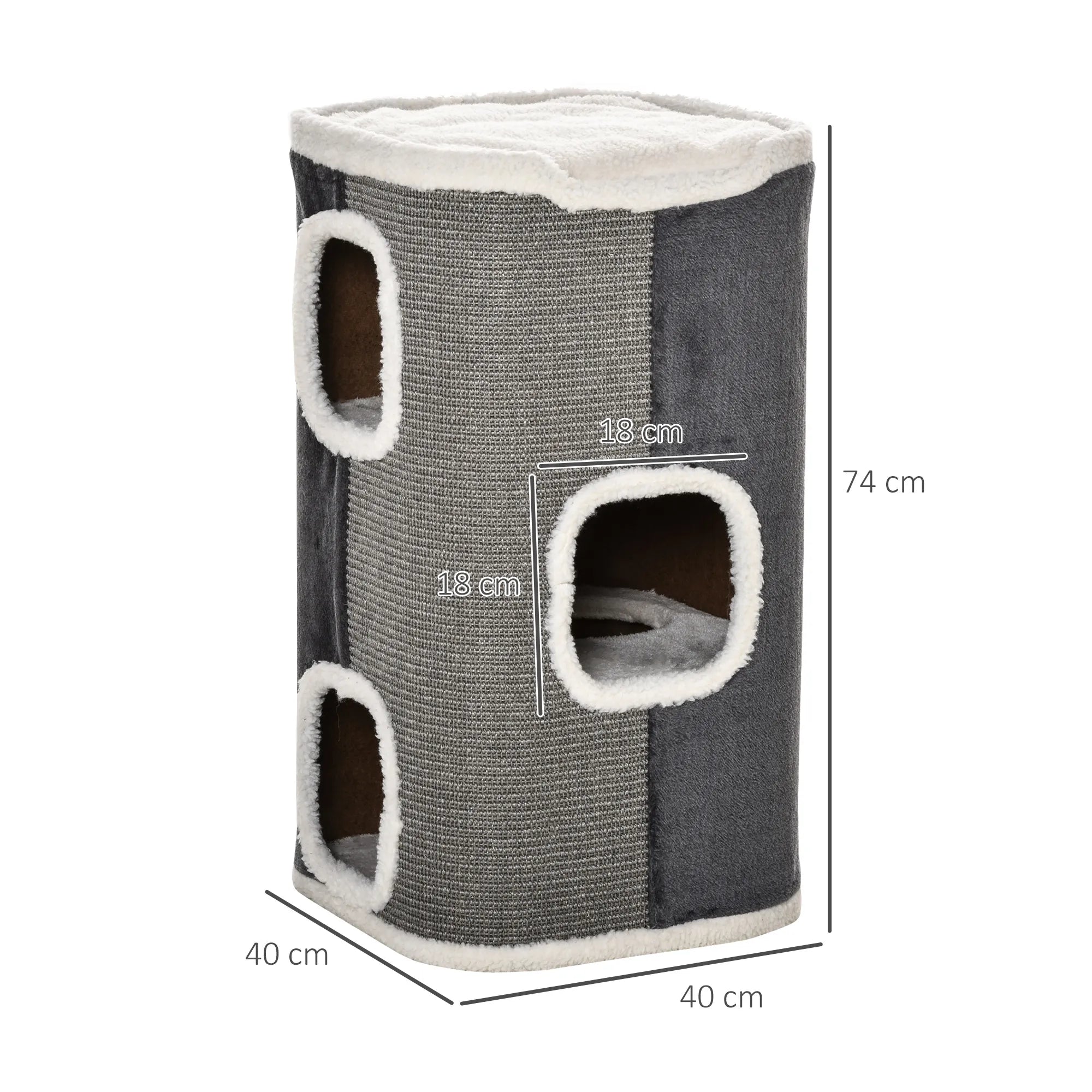 Kratztonne für Katzen Katzenkratzbaum 3 Ebenen Katzenbaum Kletterbaum für Katzen Katzenmöbel Spanplatte samtartem Polyester Sisal Grau+Weiß 40 x 40 x 74 cm