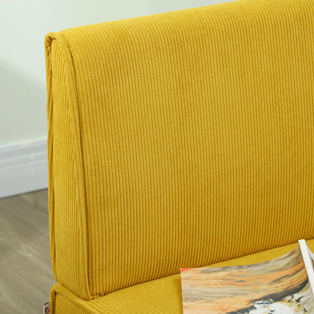 Dvivietė sofa su velveto apmušalu, storu paminkštinimu ir tvirtais mediniais kojomis, skirta svetainei, miegamajam, biurui, geltonos spalvos.