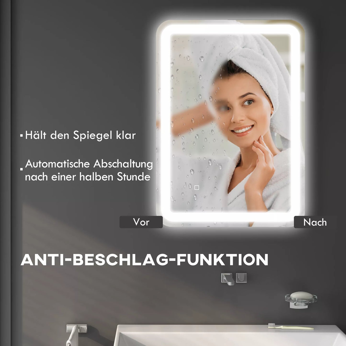 Apšviestas vonios veidrodis su jutikliniu valdymu, apsauga nuo rasojimo, pritemdomas, 3 šviesos spalvos, 50x70 cm, sidabrinis