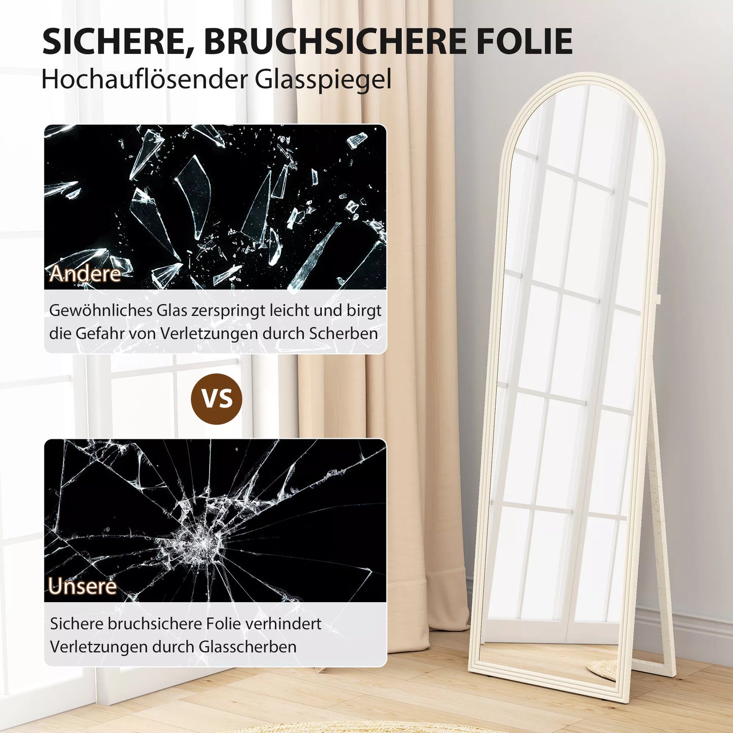 Viso kūno veidrodis, 50 x 160 cm, laisvai pastatomas, tvirtinamas prie sienos, su lenktu rėmu, baltas