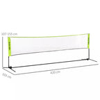Geltonų badminton tinklo matmenų schema: 420x103 cm, reguliuojamas 107–155 cm
