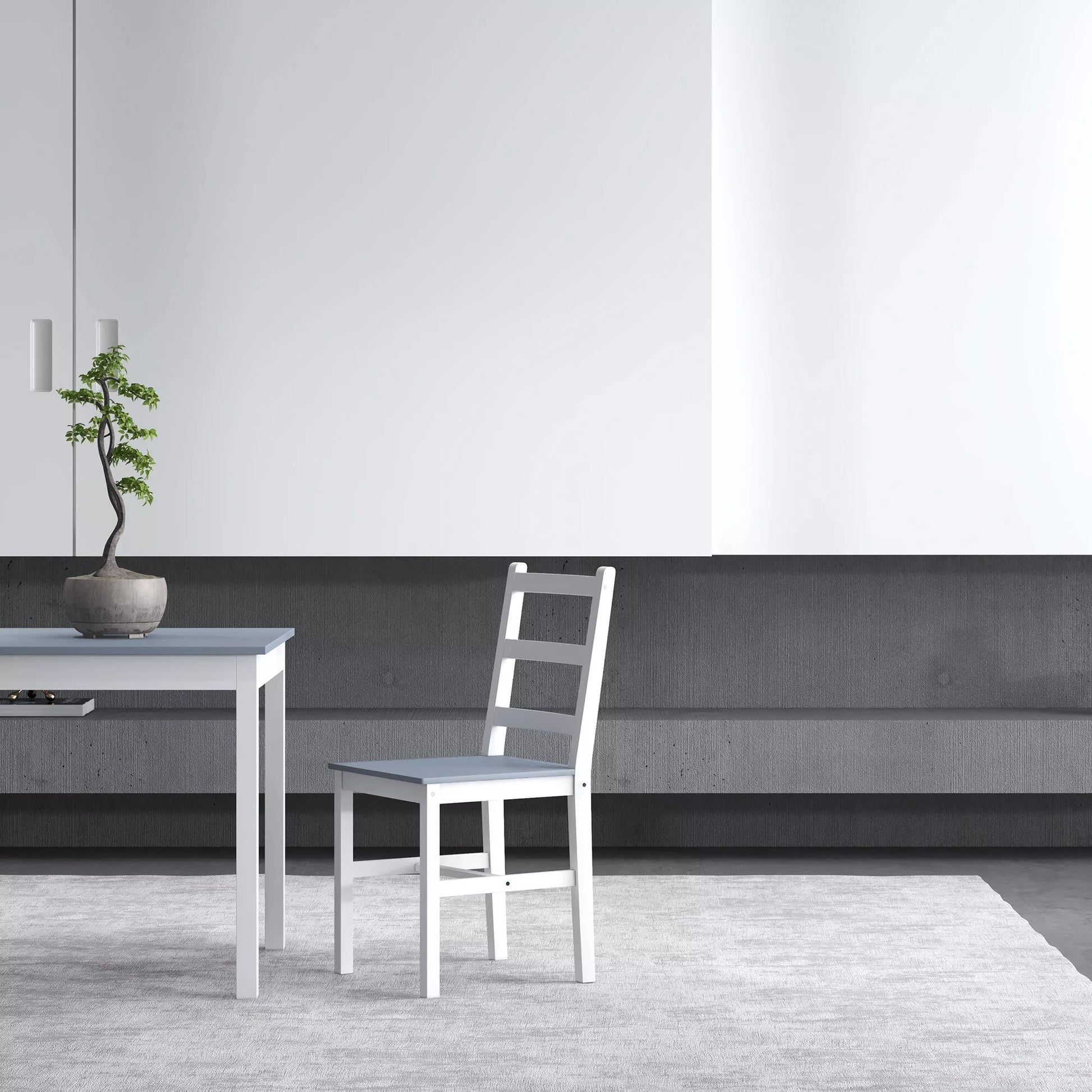 Valgomojo komplektas 2 asmenims, 2 kėdės, 1 stalas, pušies mediena, balta + pilka