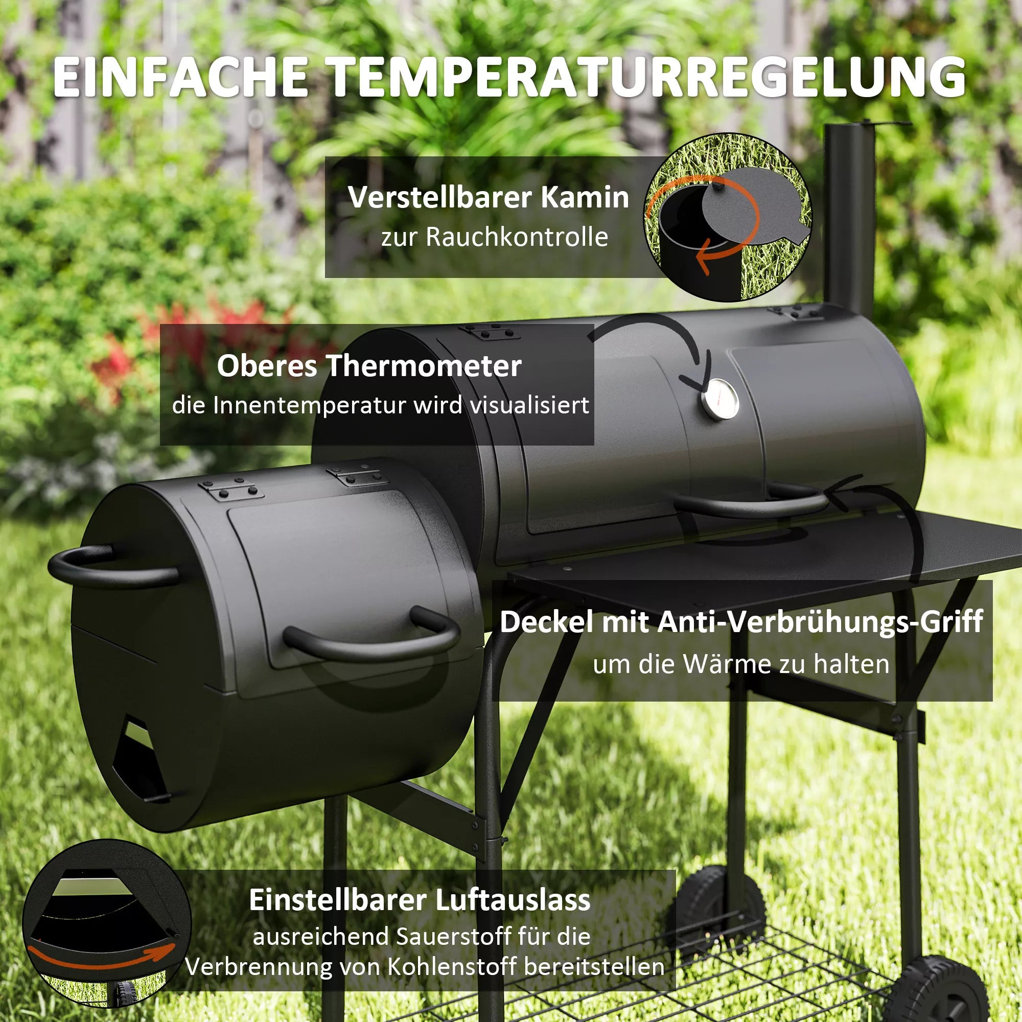 Anglies grilis iš plieno BBQ Smoker su dangčiu Termometras Ratai Oro tiekimas Anglies dėžė