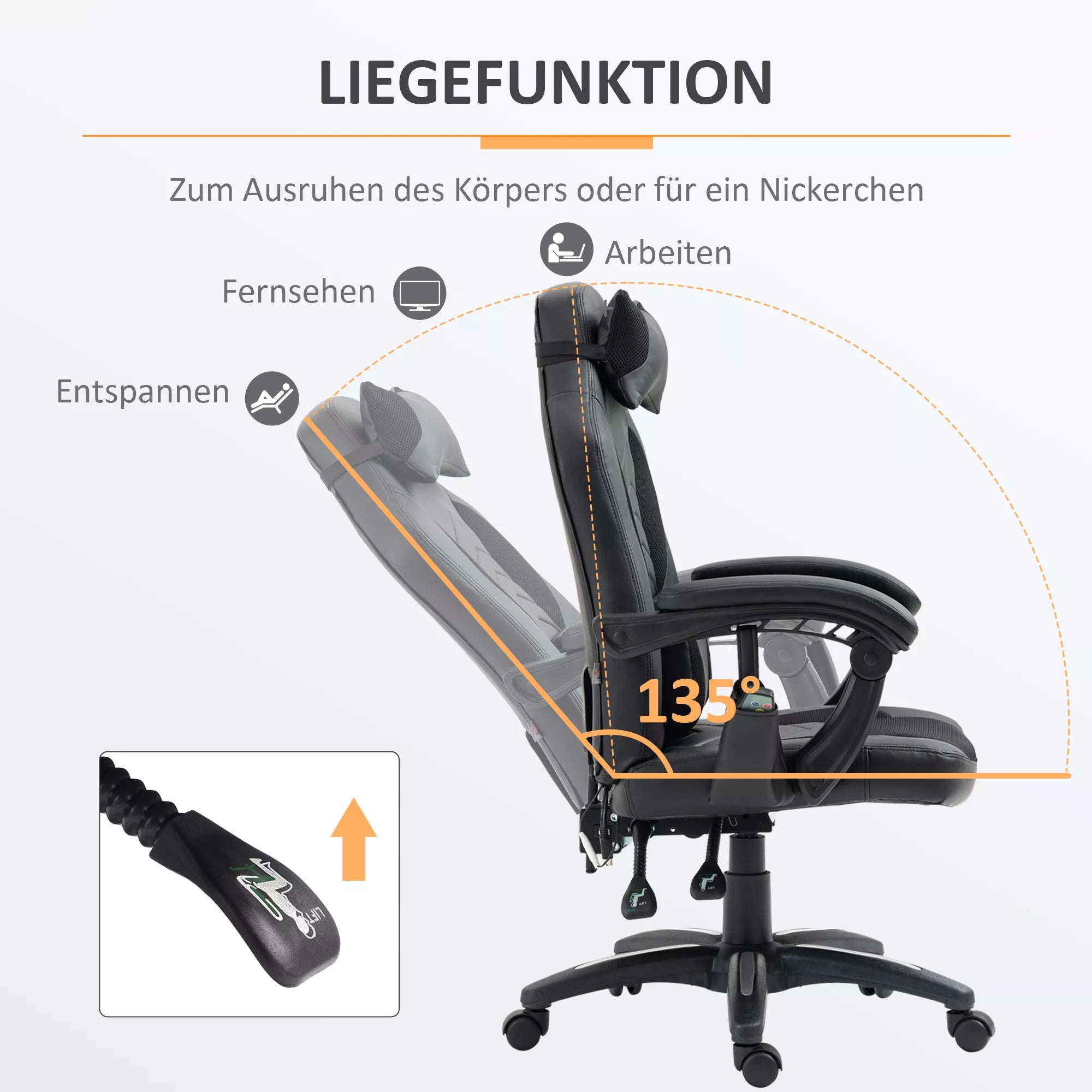 HOMCOM Biuro kėdė Masažinė kėdė su 6 vibracijos taškais Ergonomiška žaidimų kėdė su šildymo funkcija Dirbtinė oda Juoda 68 x 69 x 108-117cm