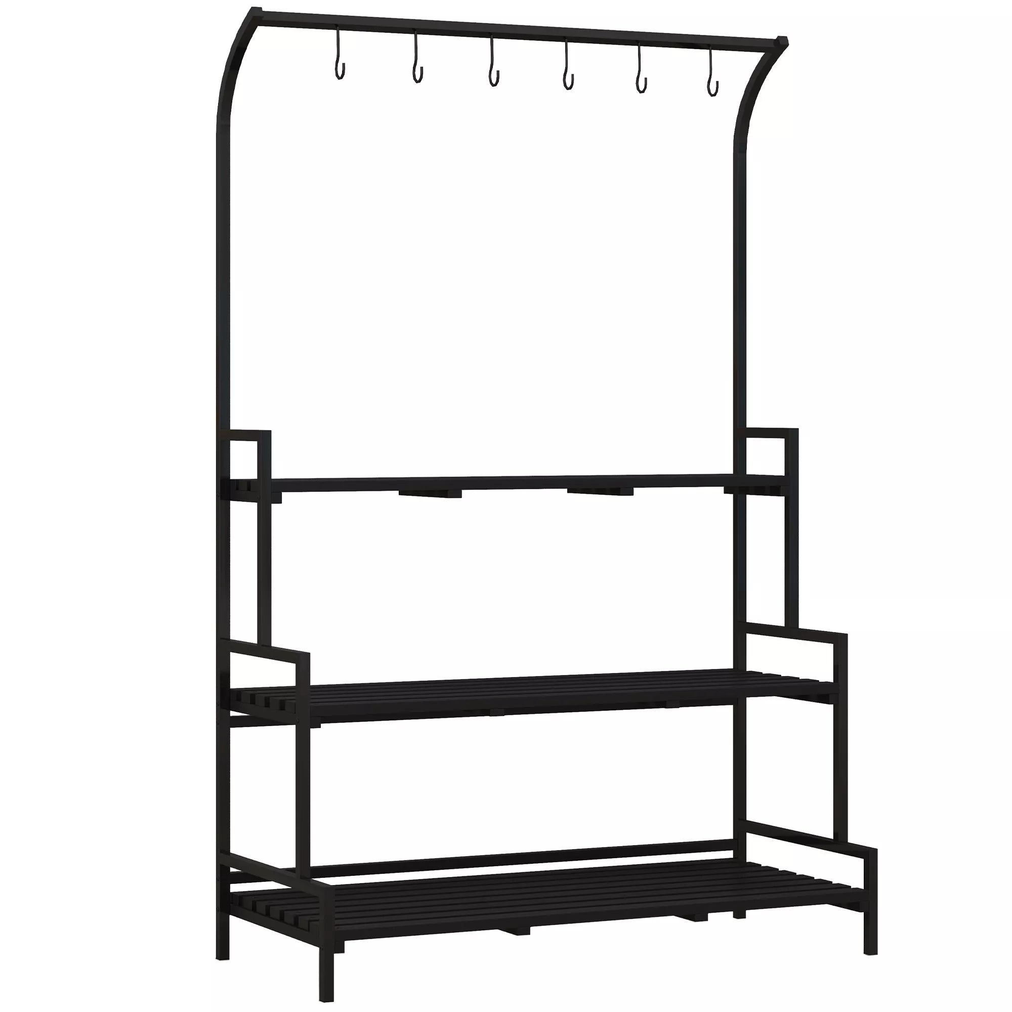 Gėlių stovas, 3 aukštai, 6 kabliai, vidaus ir lauko naudojimui, metalinis rėmas, 170H x 110L x 50B cm, juodas