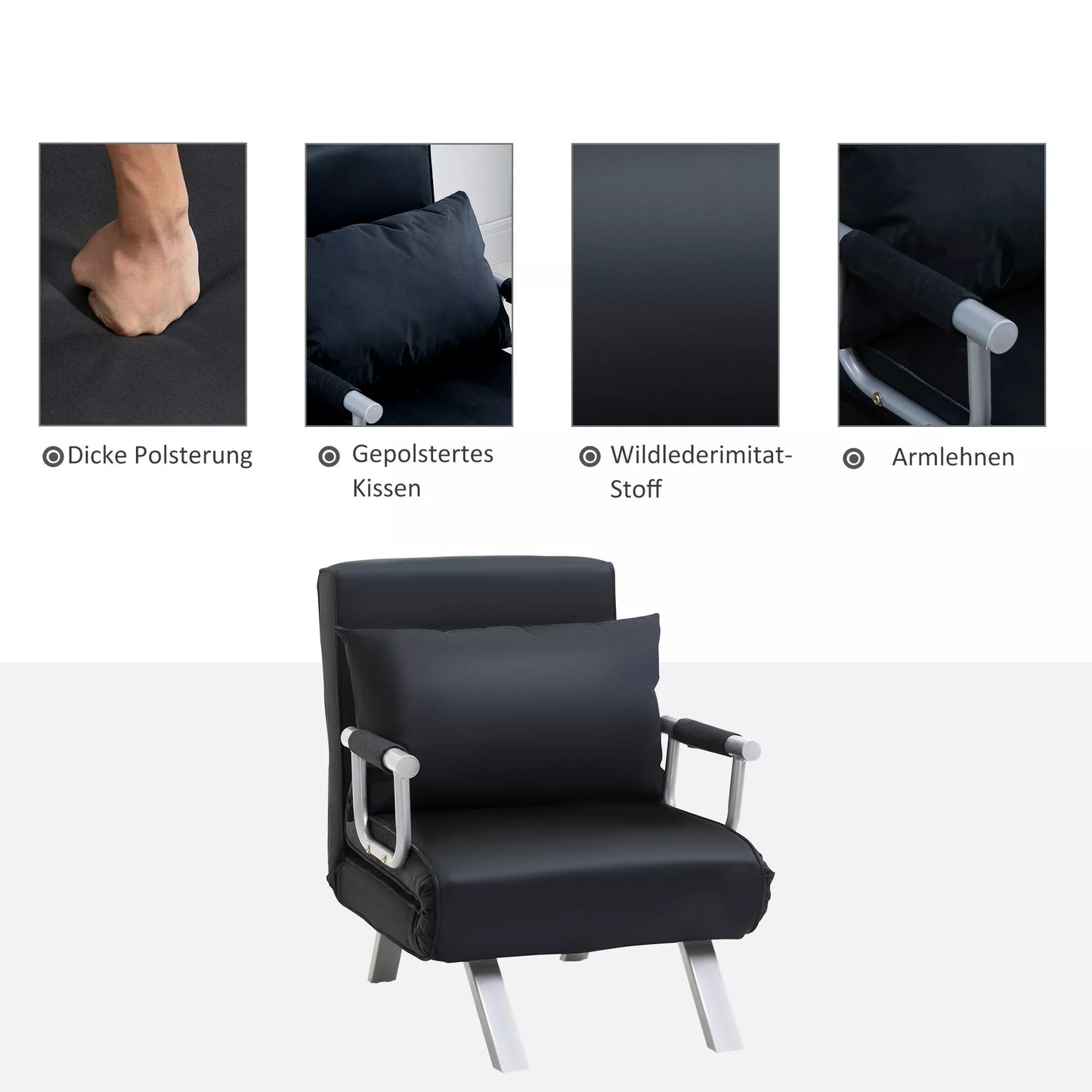 3-in-1 miegamoji sofa, svečių lova, fotelis su pagalvėlėmis, juodos spalvos