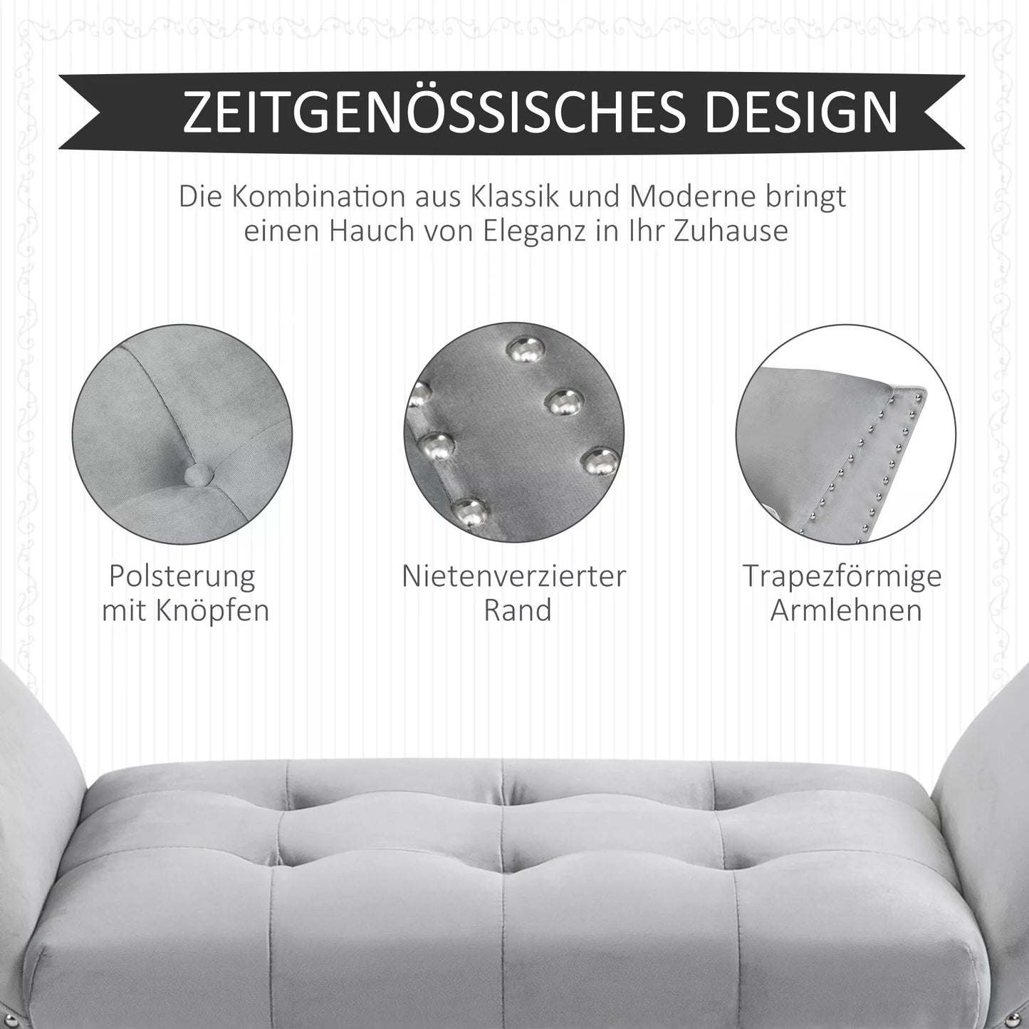 Minkštas suoliukas, fortepijono suoliukas su aksomo išvaizda, lovos suoliukas miegamajam, svetainei, koridoriui, Gumuotas medis, Šviesiai pilka 114 x 46 x 56 cm